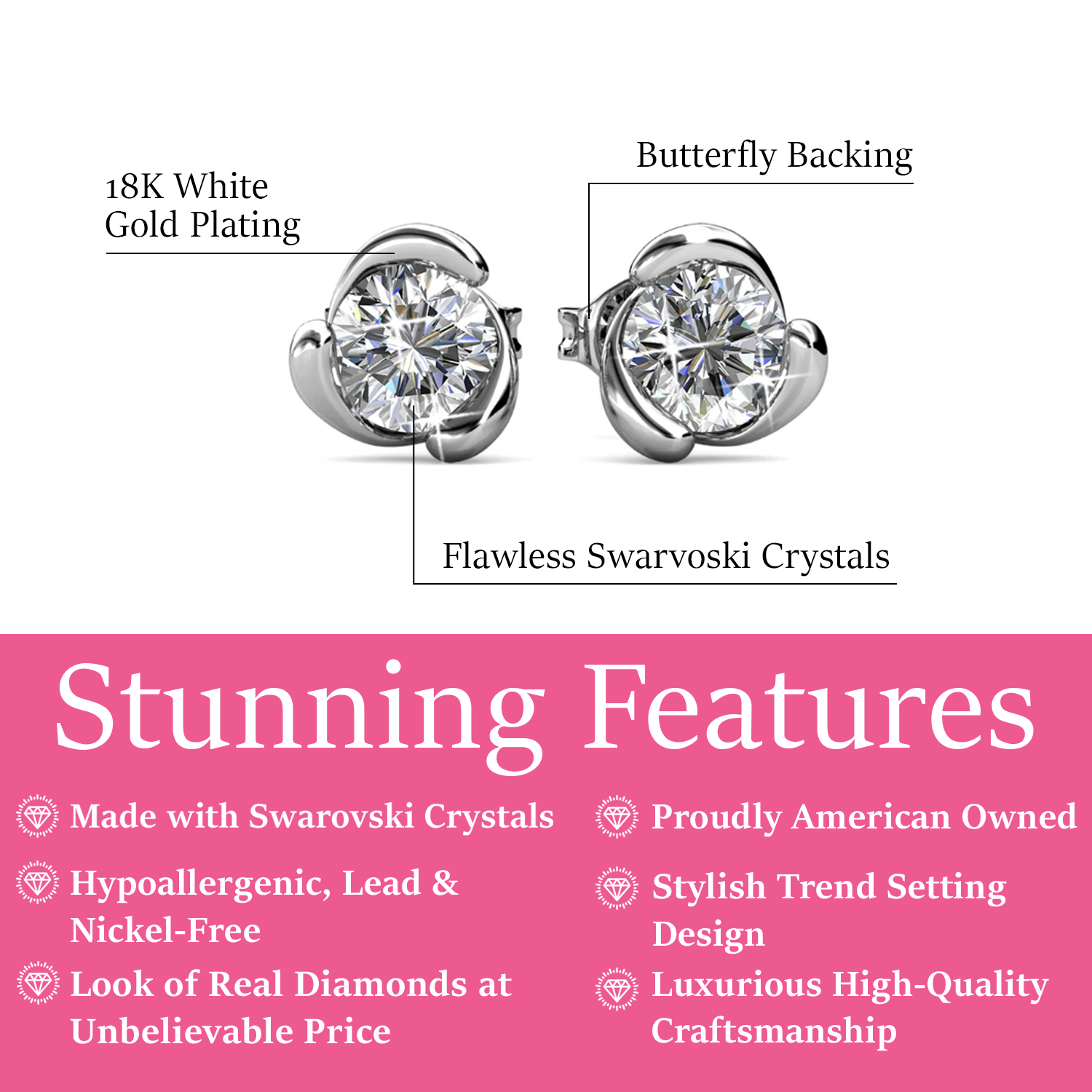 Harmony 18k White Gold Plated Stud Earrings with Round Swarovski Crystals