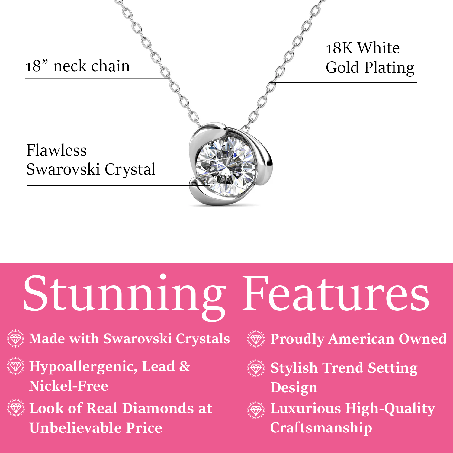 Harmony 18k White Gold Plated Necklace with Round Cut Solitaire Swarovski Crystal