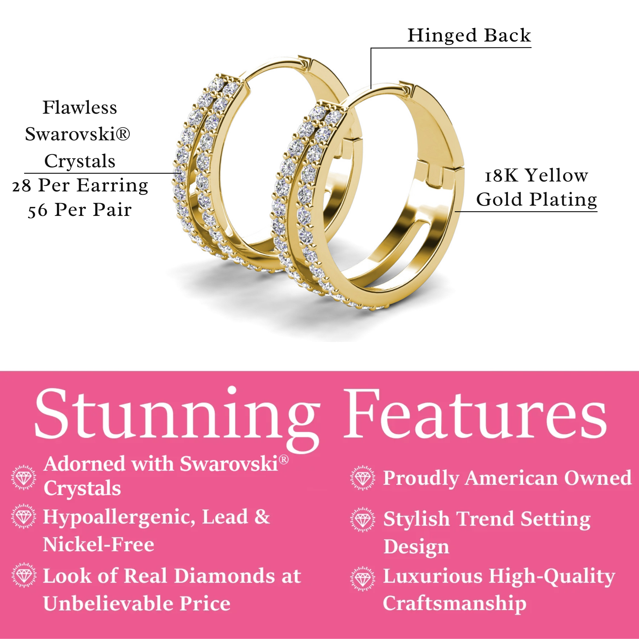 Helen 18k White Gold Plated 22mm Hoop Earrings with Swarovski Crystals