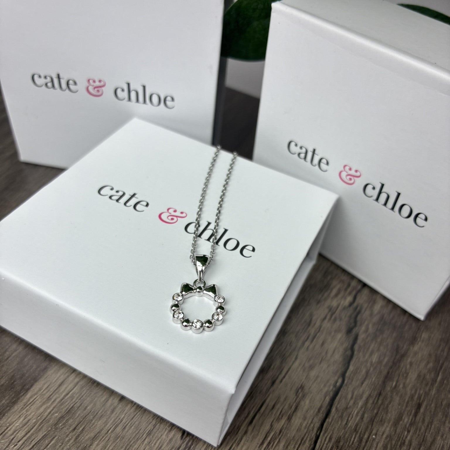 Edith 18k White Gold Plated Silver Ribbon Necklace with Swarovski Crystals