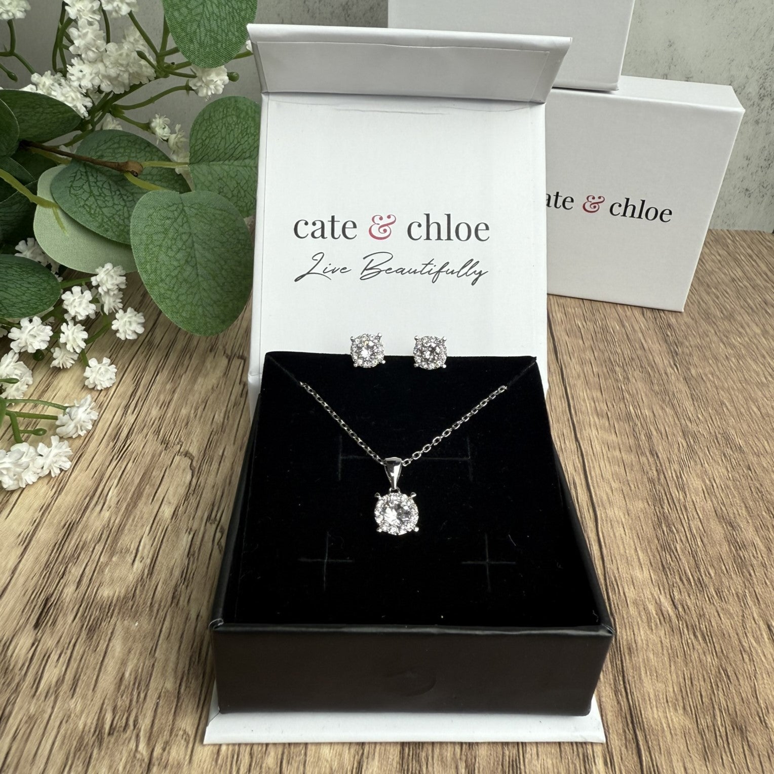 Raylee 18k White Gold Plated Halo Necklace and Stud Earrings Jewelry Set with Swarovski Crystals