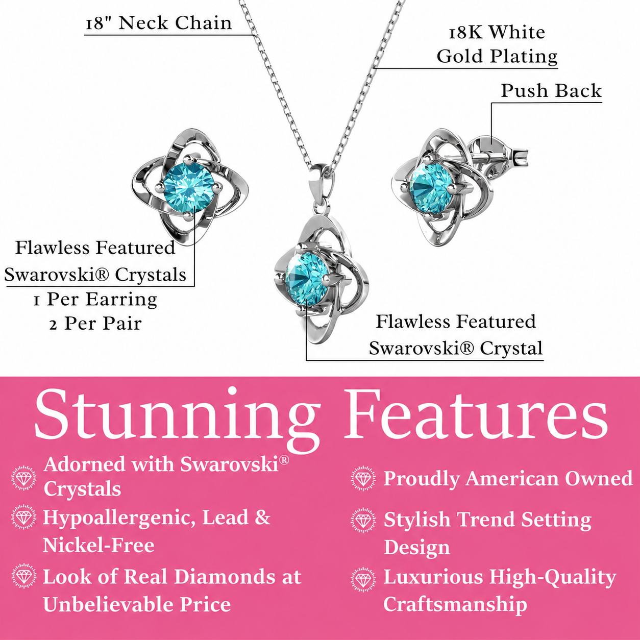 Infinity Birthstone 18k White Gold Plated Stud Earrings and Necklace Set with Swarovski Crystals