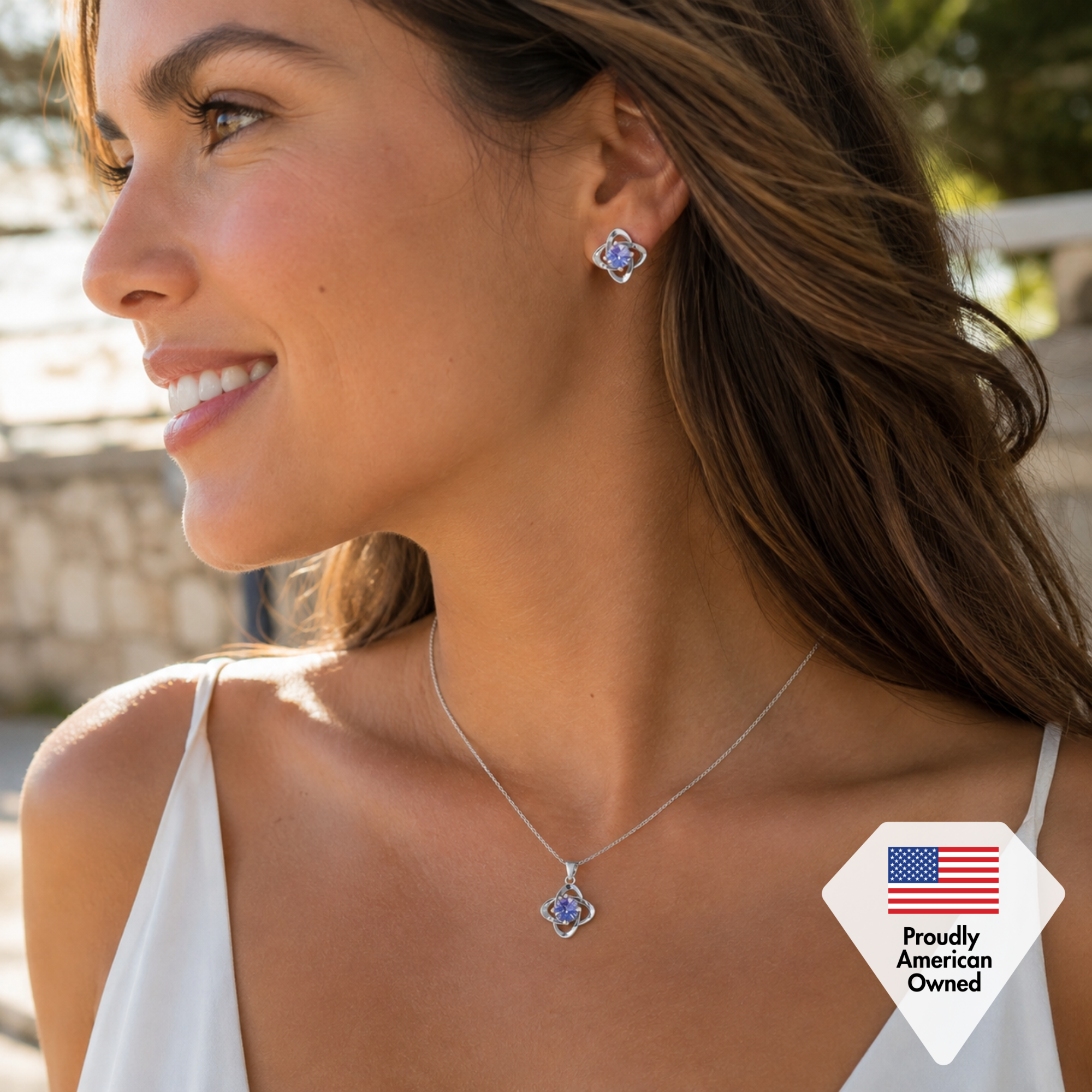 Aretes infinitos de flores con piedra natal chapados en oro blanco de 18 k y cristales de diamantes de imitación