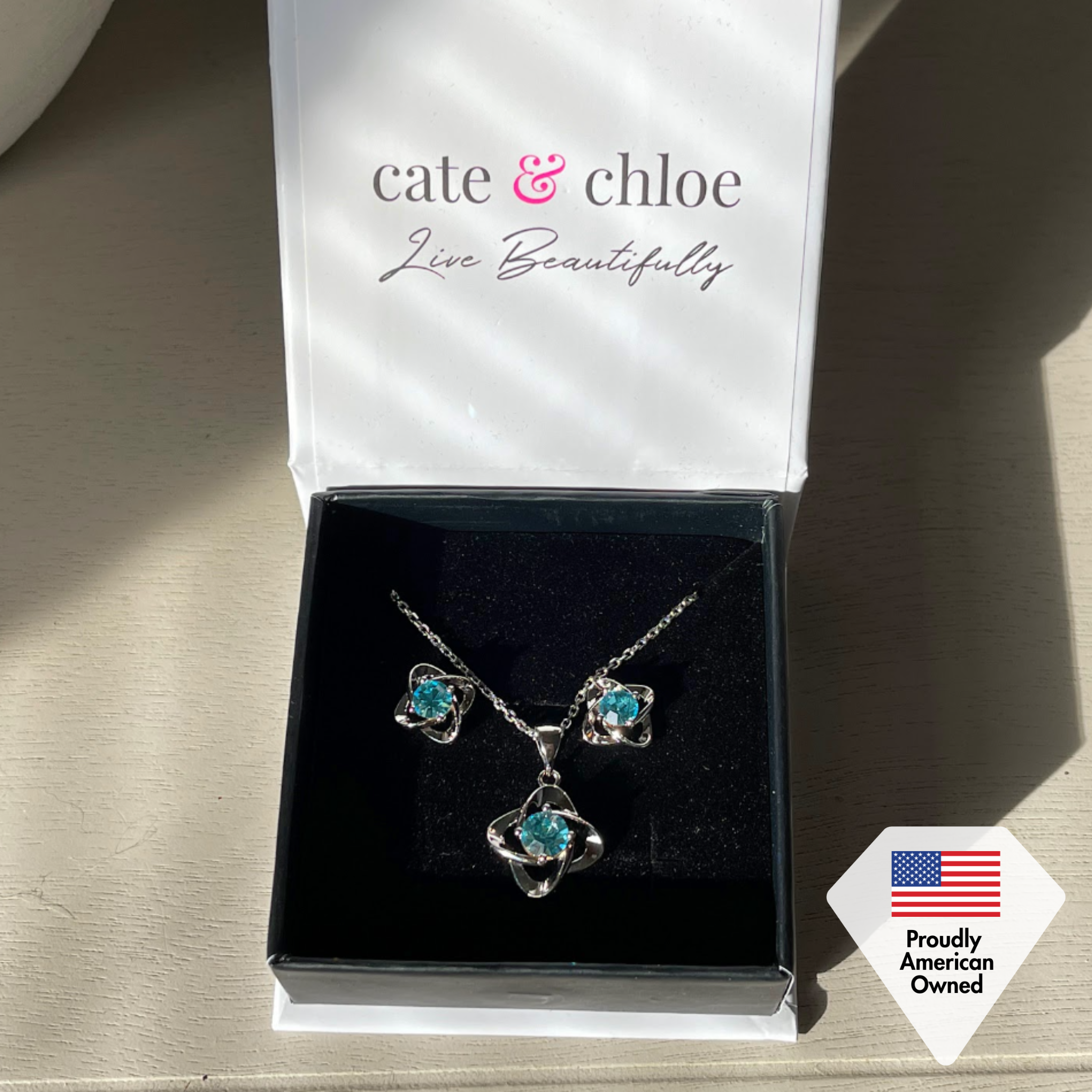 Infinity Birthstone 18k White Gold Plated Stud Earrings and Necklace Set with Swarovski Crystals