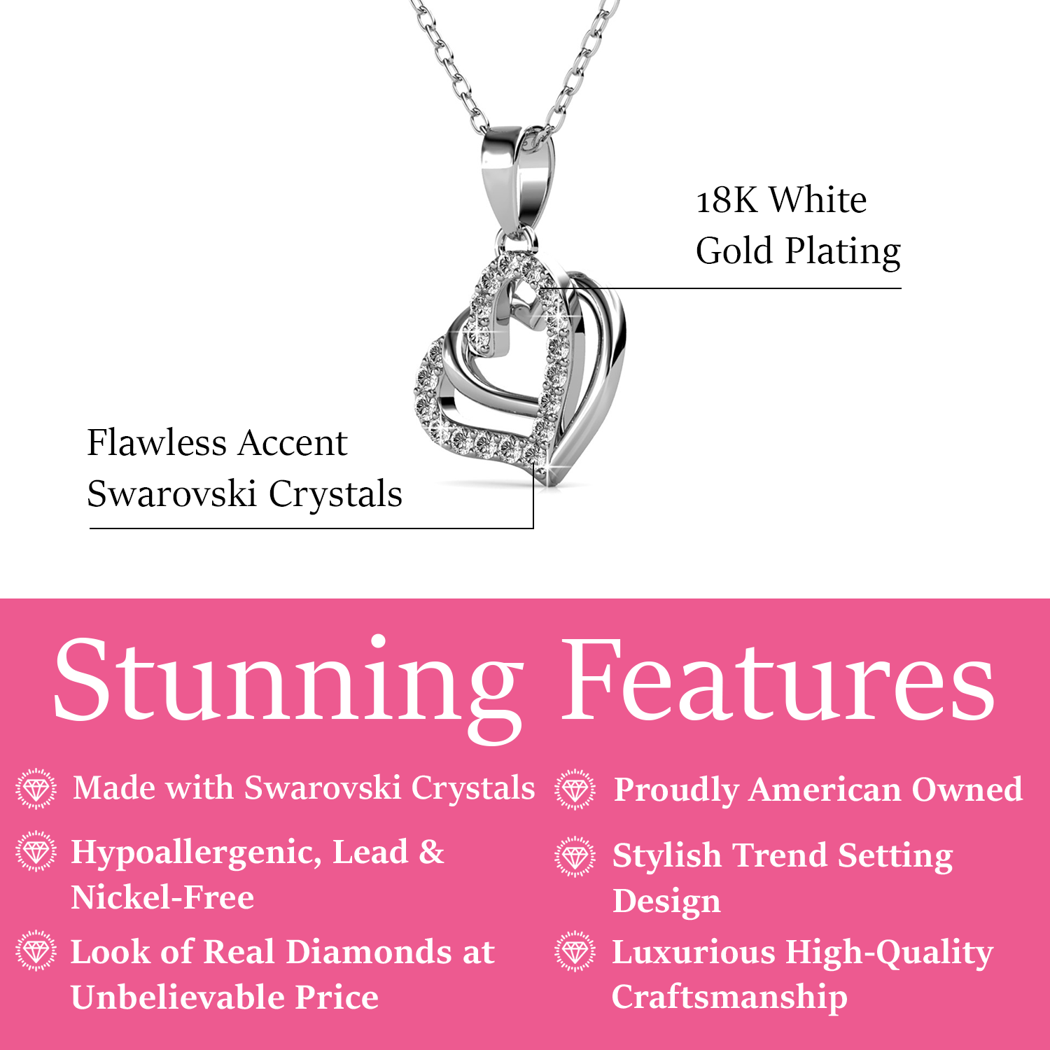 Angela 18k White Gold Plated Silver Double Heart Necklace with Swarovski Crystals