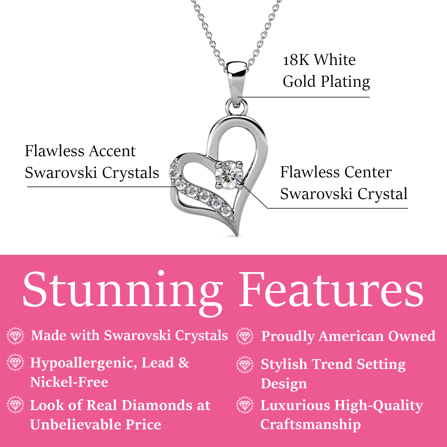 Kara 18k White Gold Plated Silver Heart Necklace with Swarovski Crystals