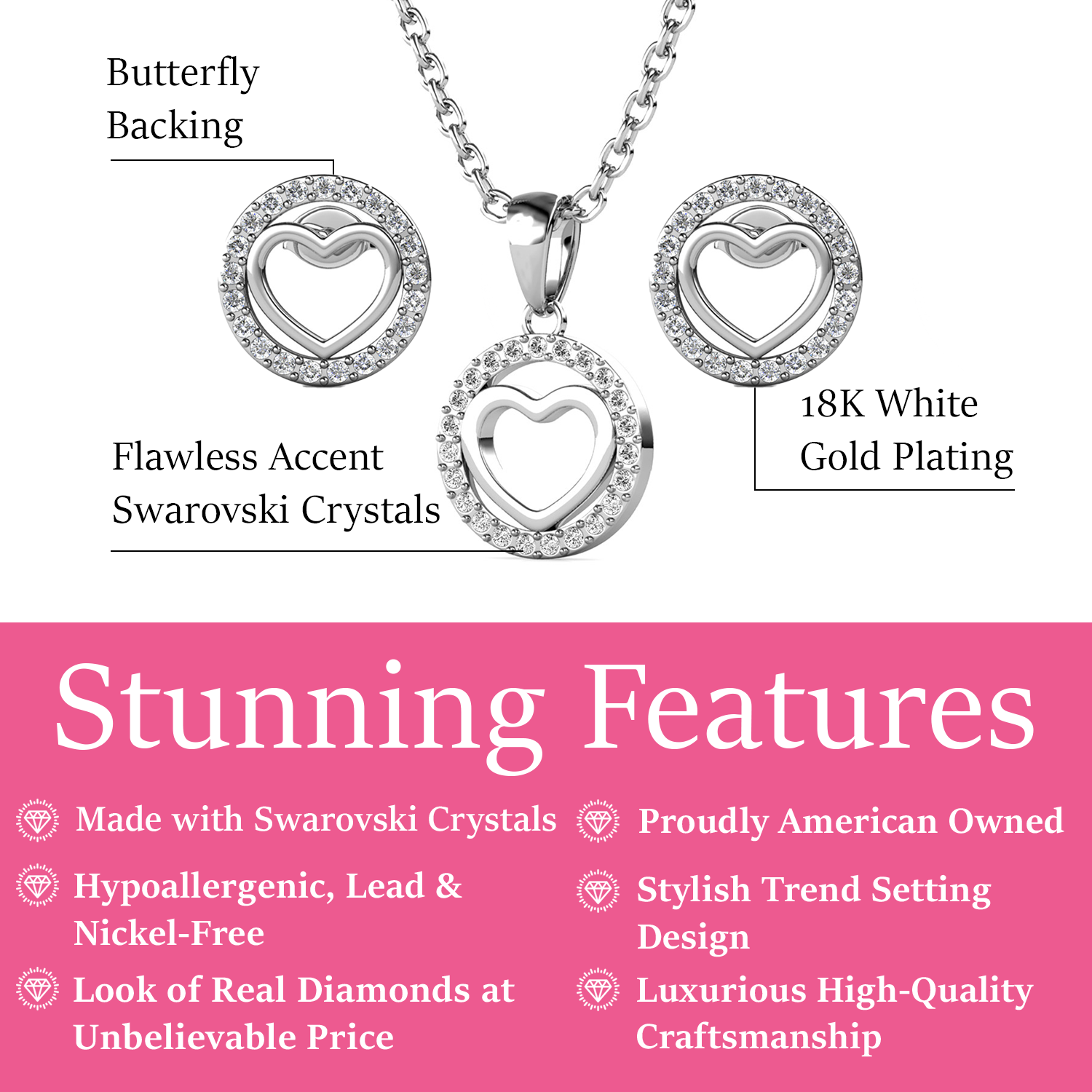 Khaleesi 18k White Gold Plated Silver Heart Necklace and Earring Set with Swarovski Crystals