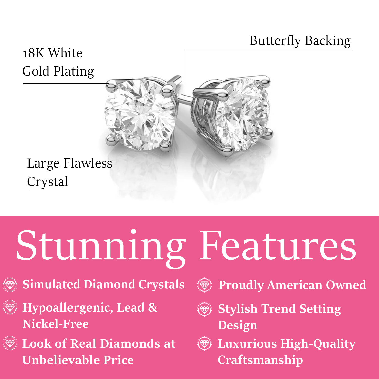 Mia 14k White Gold Plated Sterling Silver Stud Earrings with Simulated Diamond Crystals