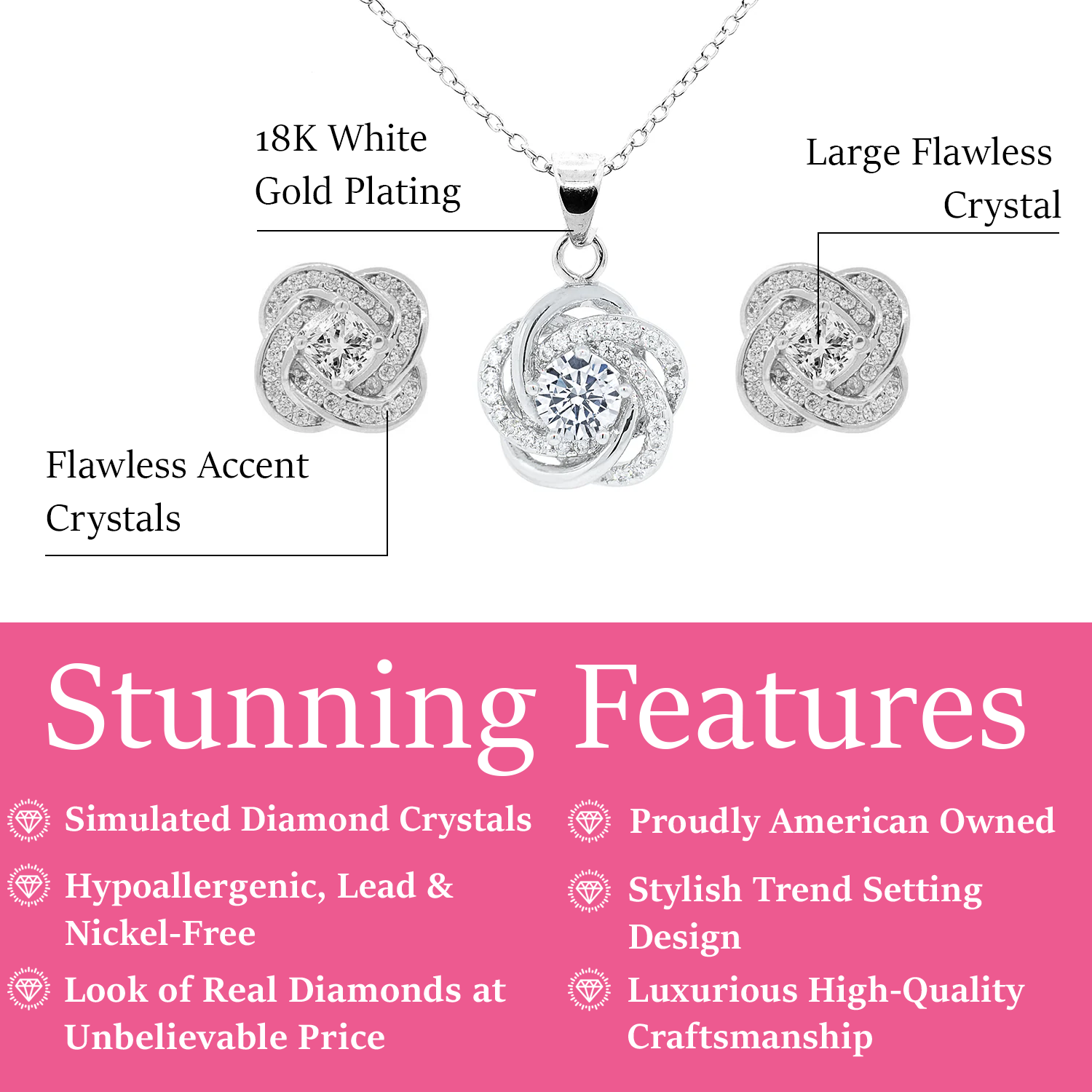 Stella 18k White Gold Plated Pendant Necklace and Earrings Jewelry Set with Simulated Diamond Crystals