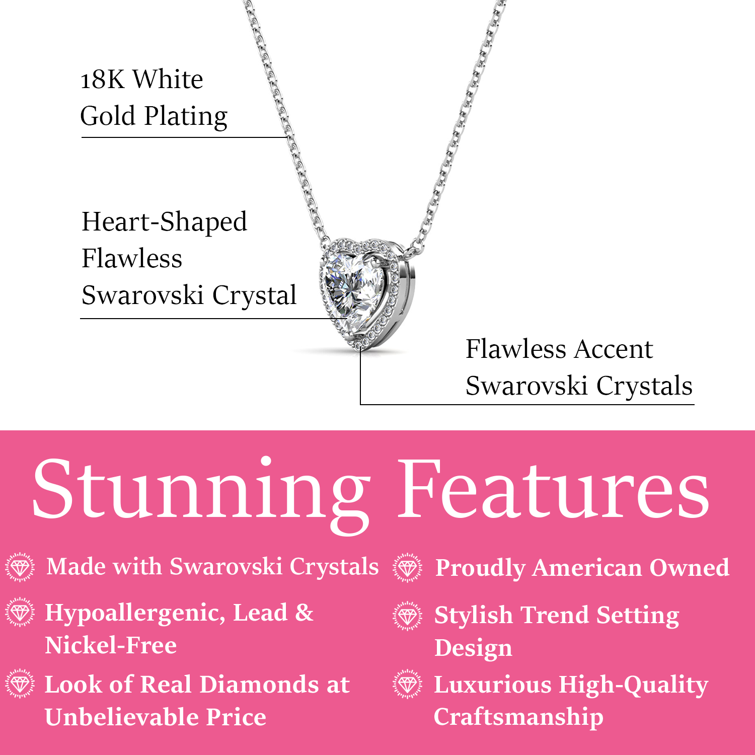 Tara 18k White Gold Plated Silver Heart Necklace with Swarovski Crystals