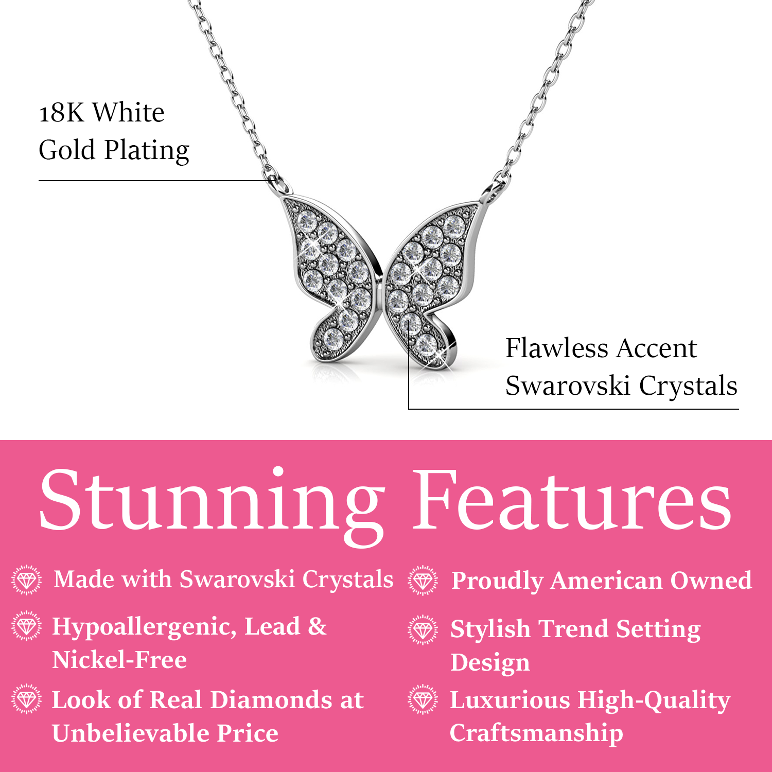 Yuenen 18k White Gold Plated Silver Butterfly Necklace with Swarovski Crystals