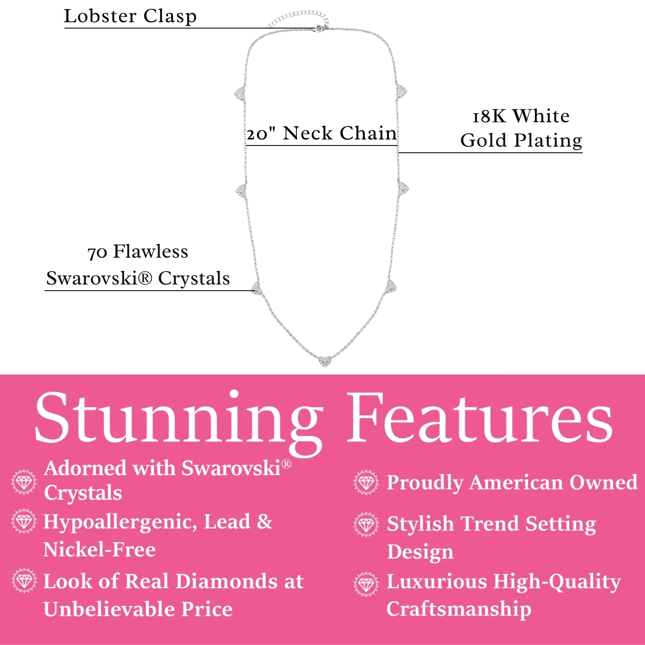 Irene 18k White Gold Plated Heart Station Necklace with Swarovski Crystals