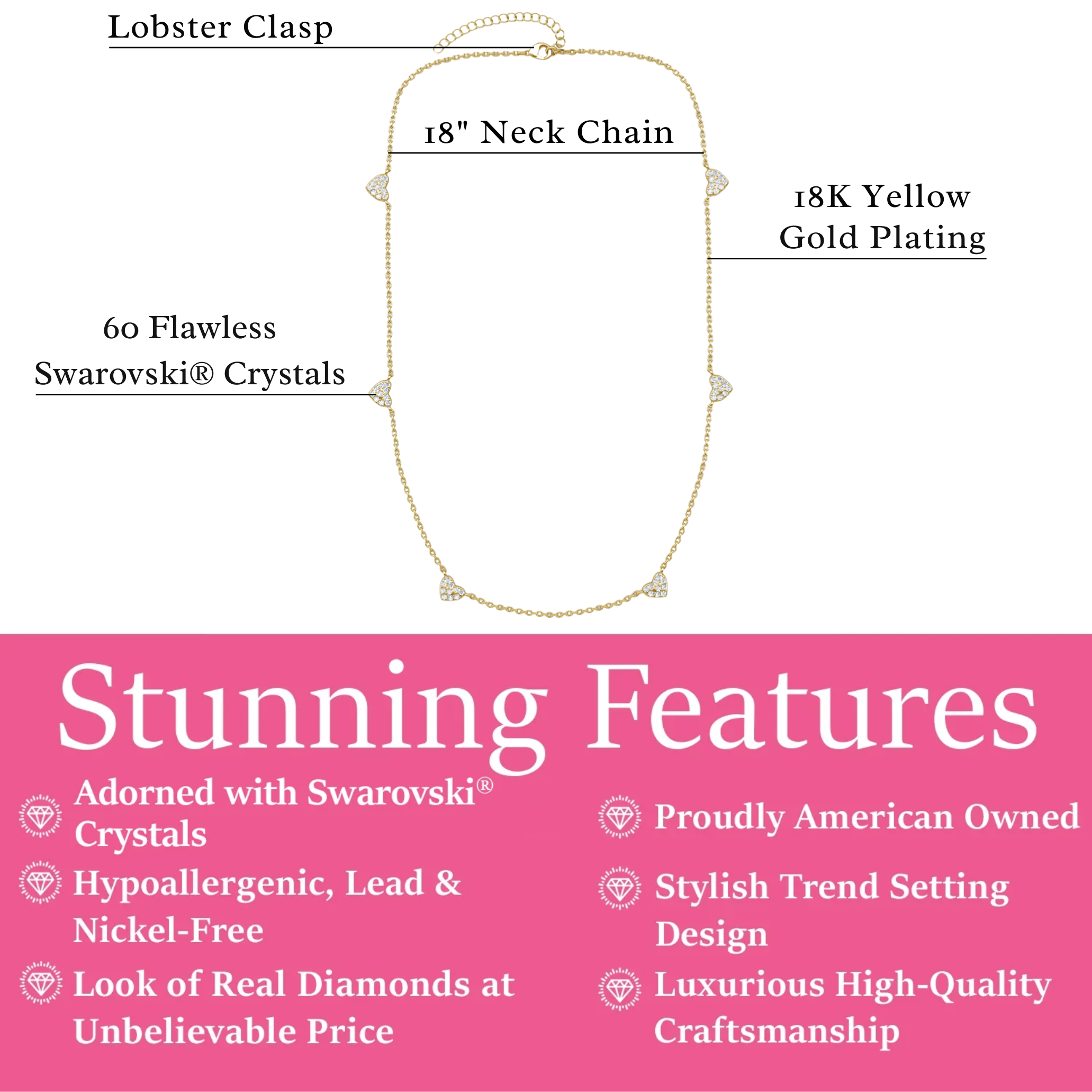 Irene 18k White Gold Plated Heart Station Necklace with Swarovski Crystals