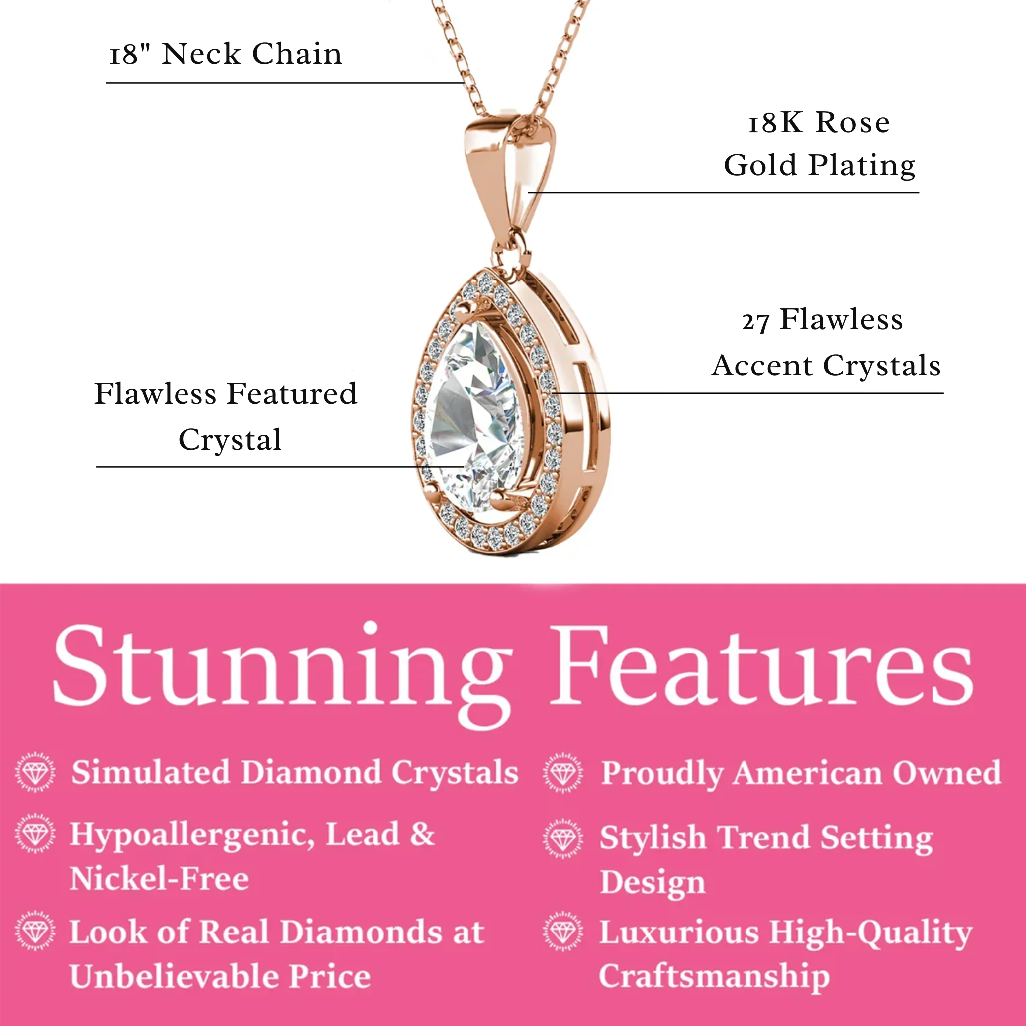 Pack of 3 - Isabel 18k Gold Plated Teardrop Pendant Necklace with Simulated Diamond Crystals