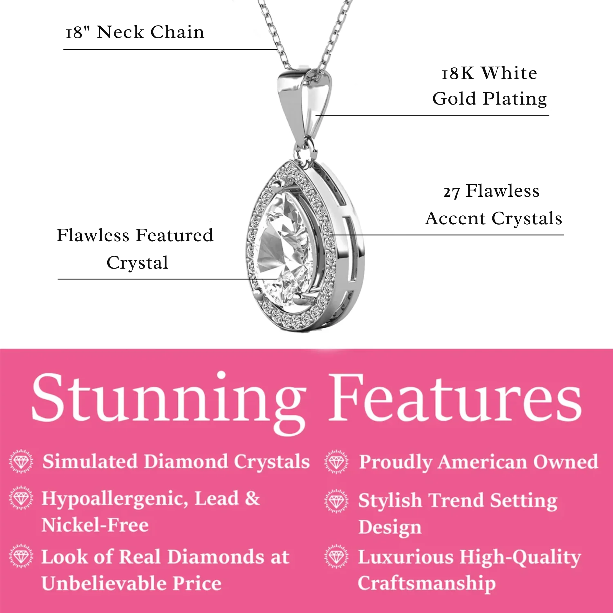 Pack of 3 - Isabel 18k Gold Plated Teardrop Pendant Necklace with Simulated Diamond Crystals