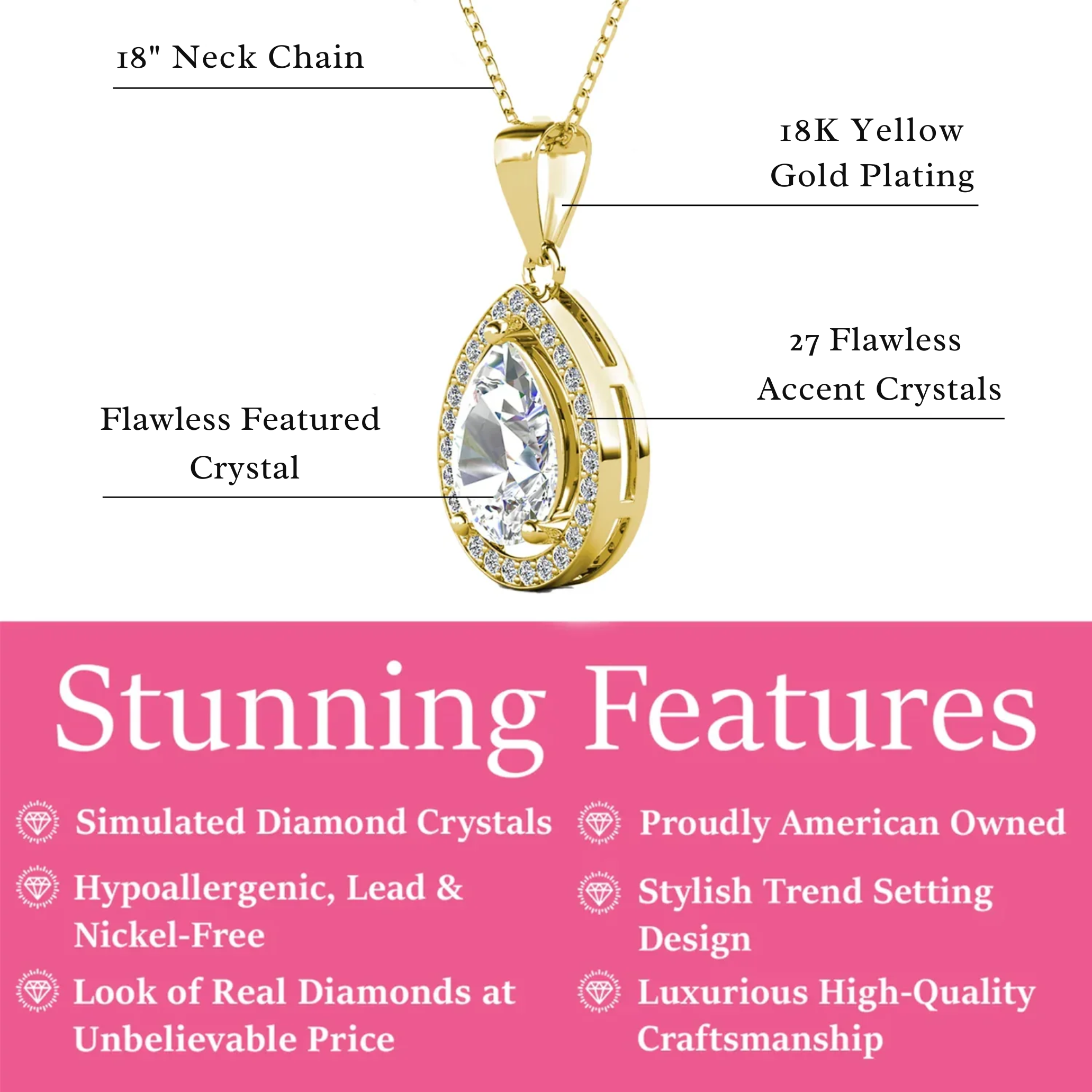 Pack of 3 - Isabel 18k Gold Plated Teardrop Pendant Necklace with Simulated Diamond Crystals