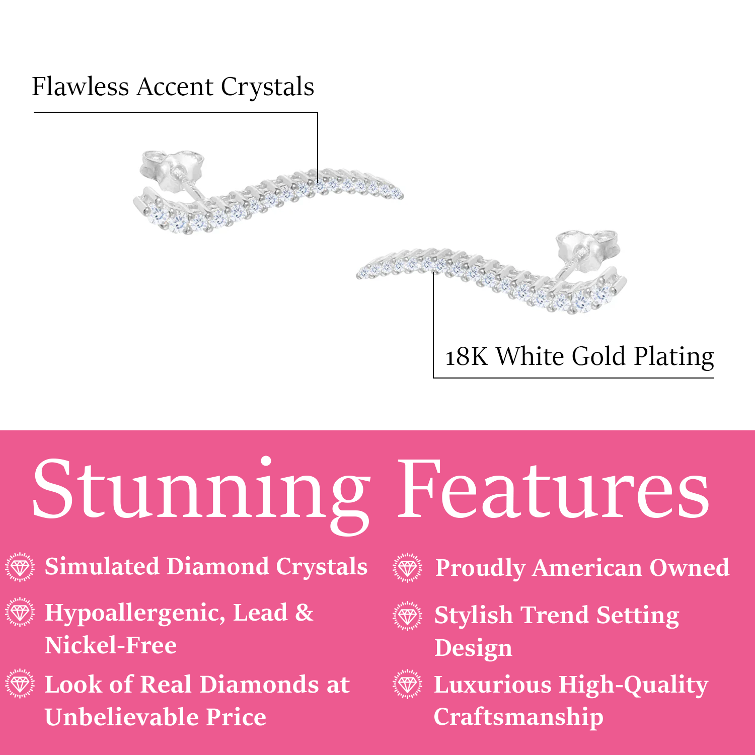 Isabella 18k White Gold Plated Sterling Silver Ear Climber Earrings with Simulated Diamond Crystals