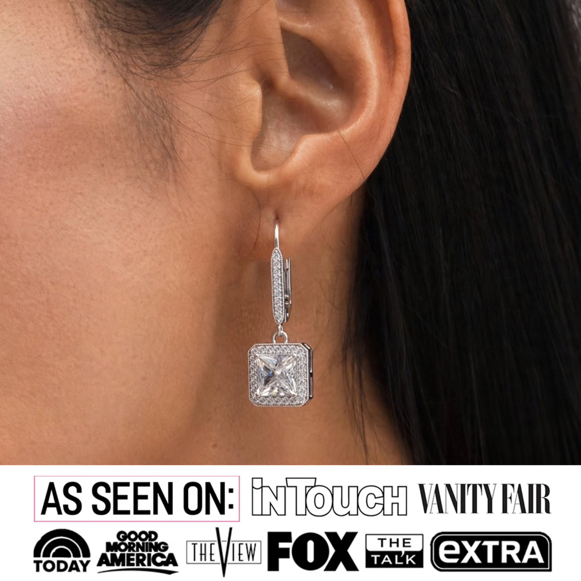 Ivy 18k White Gold Plated Halo Dangle Earrings with Princess Cut Simulated Diamond Crystals
