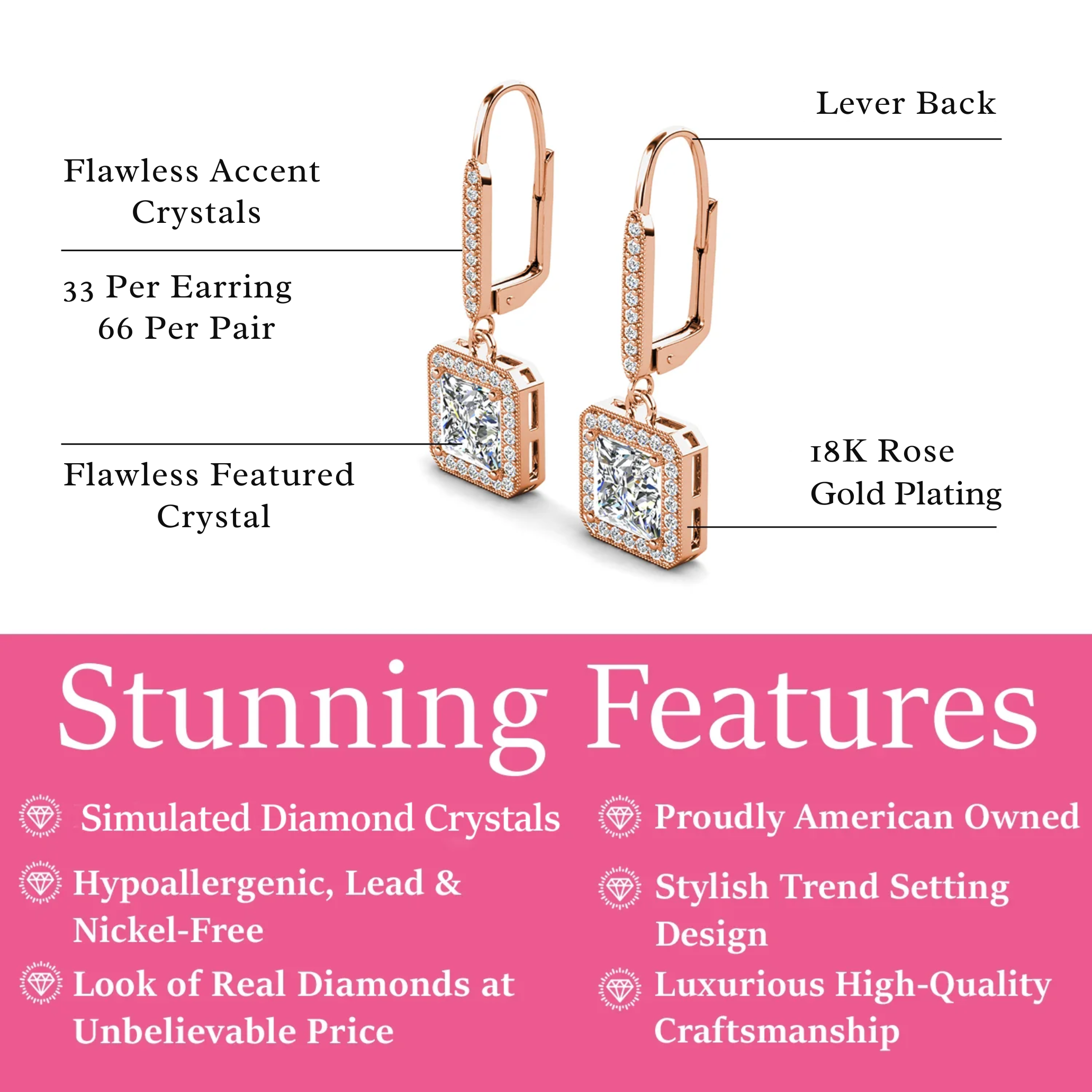 Ivy 18k White Gold Plated Halo Dangle Earrings with Princess Cut Simulated Diamond Crystals