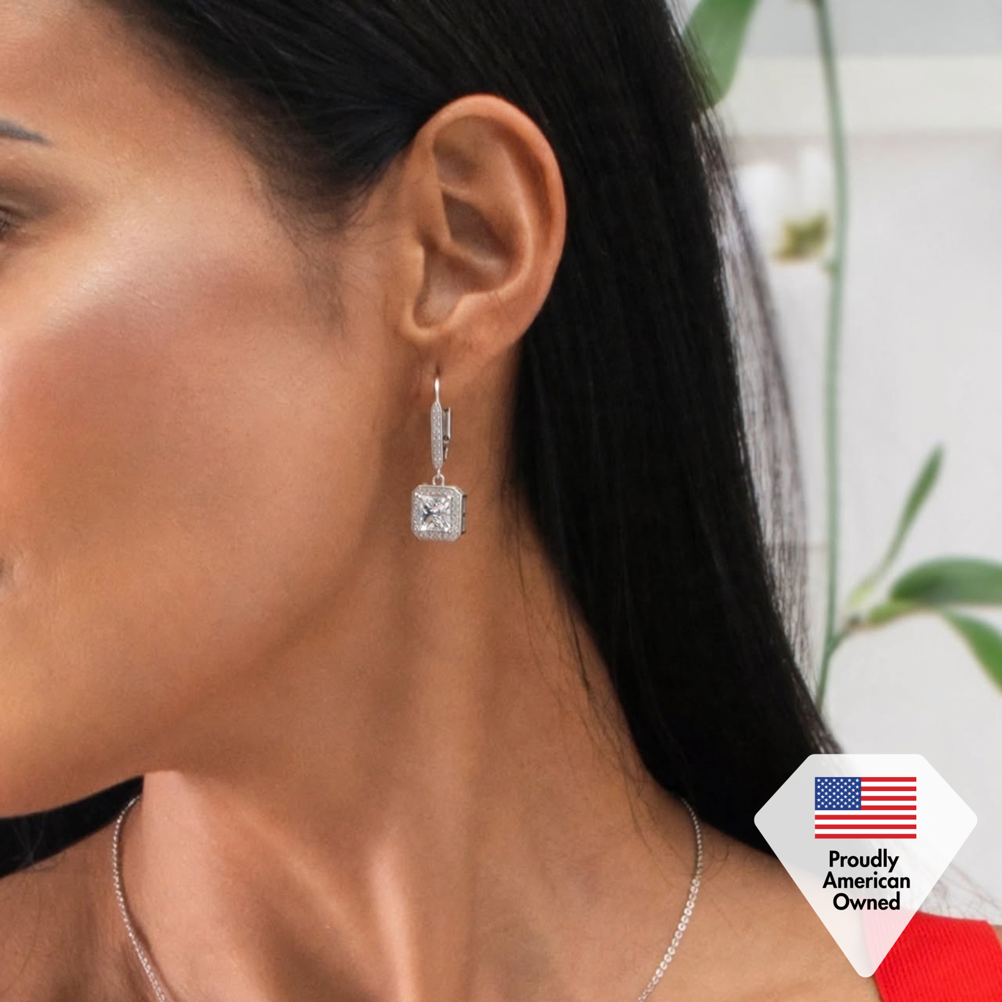 Ivy 18k White Gold Plated Halo Dangle Earrings with Princess Cut Simulated Diamond Crystals