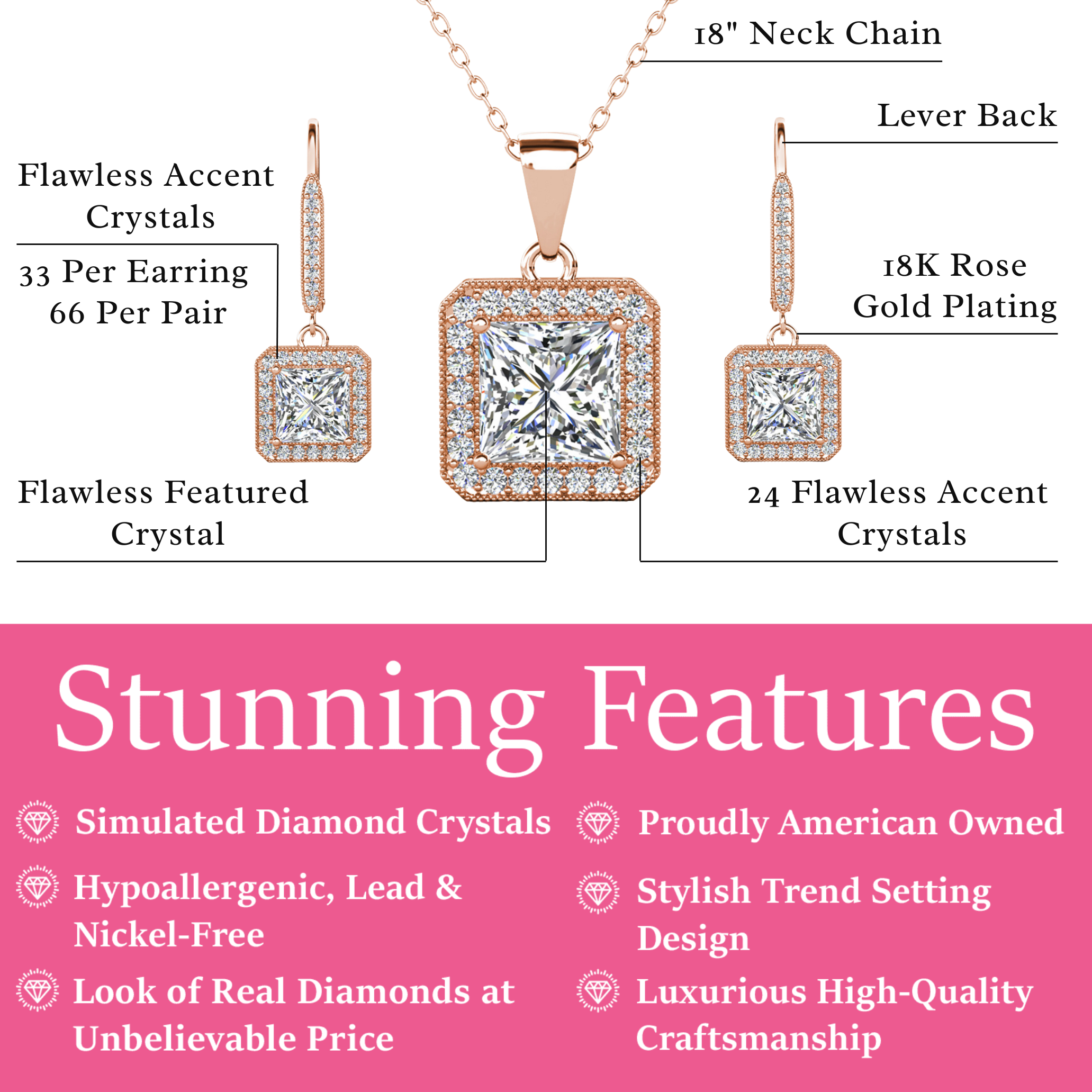 Ivy 18k White Gold Plated Dangle Earring and Necklace Jewelry Set with Simulated Diamond Crystals