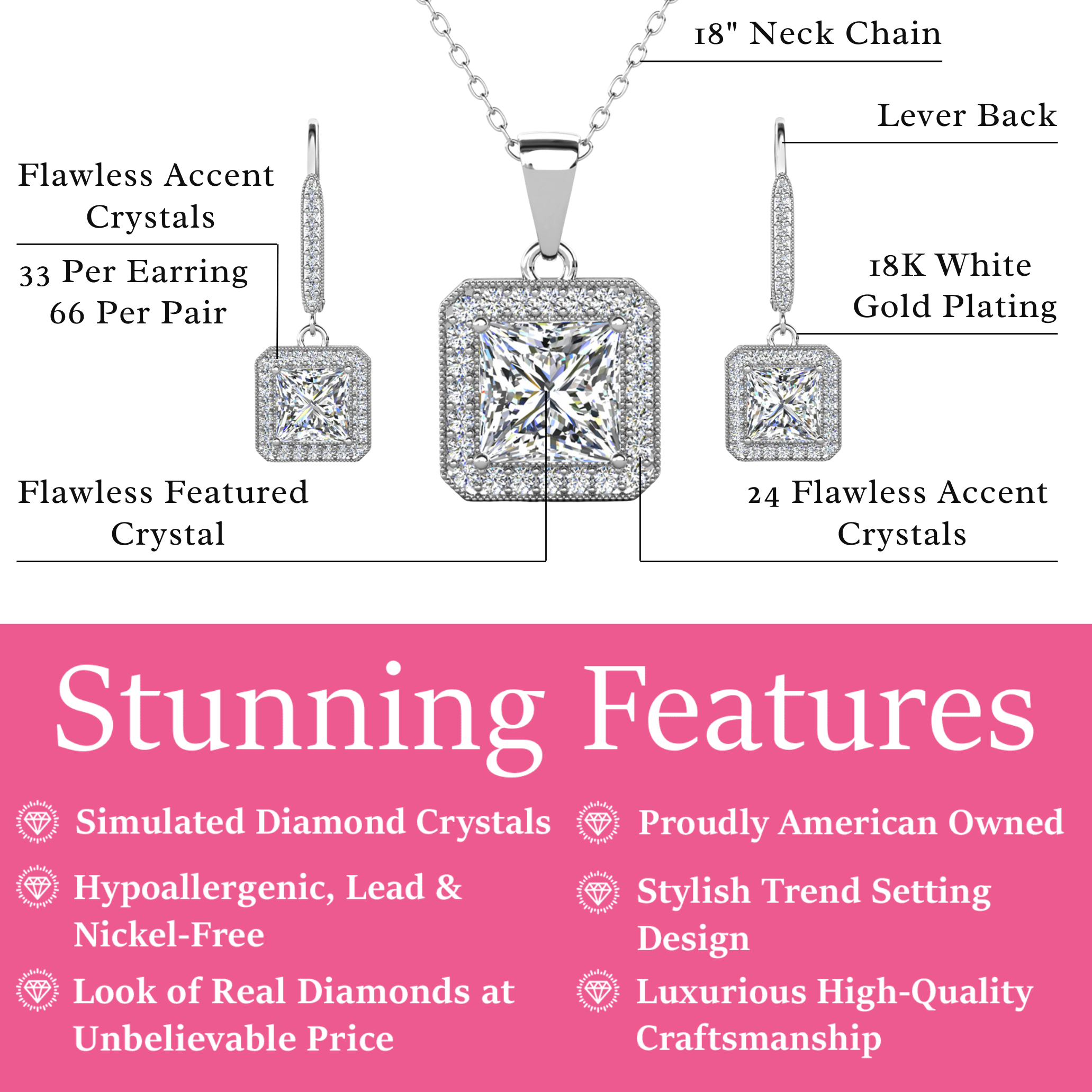 Ivy 18k White Gold Plated Dangle Earring and Necklace Jewelry Set with Simulated Diamond Crystals