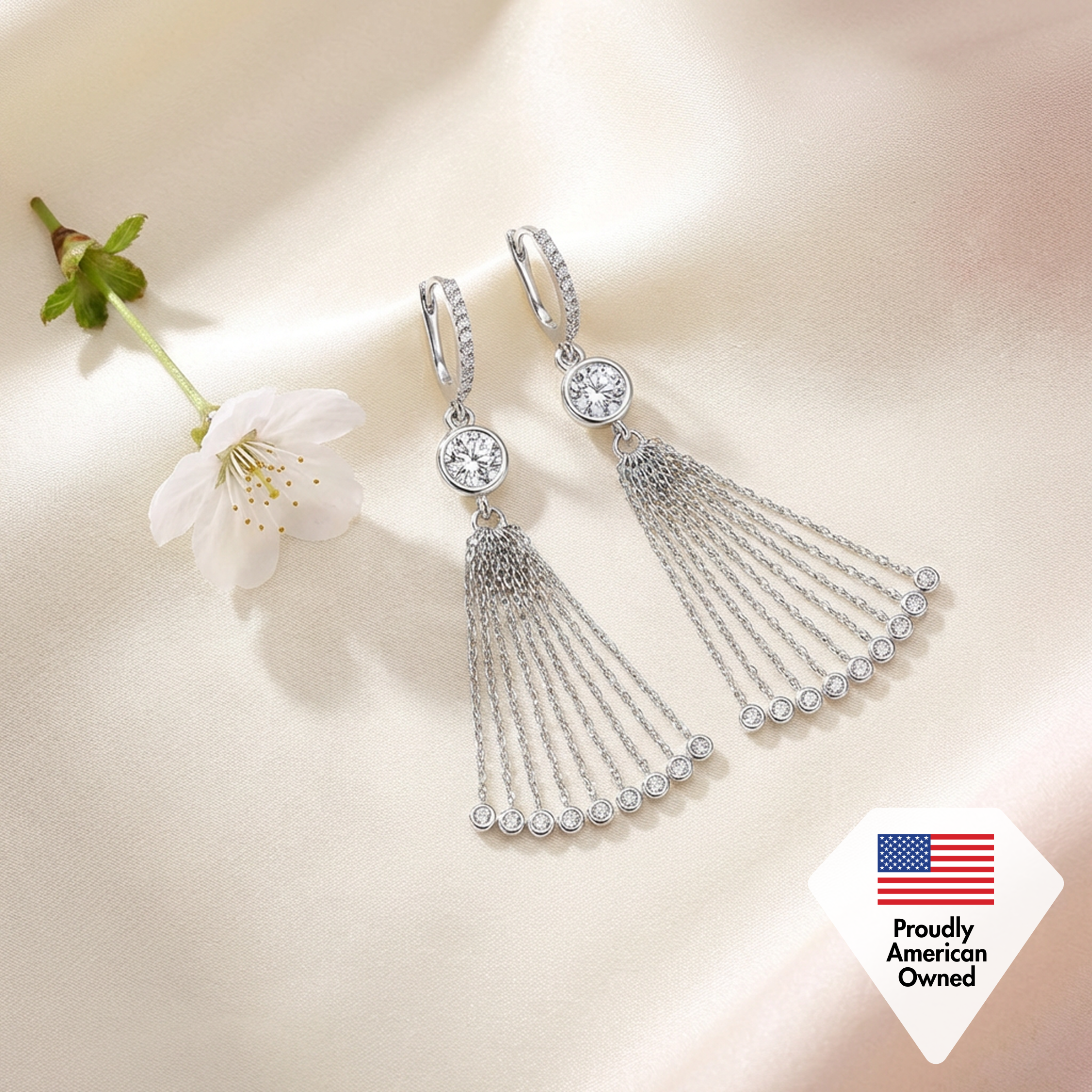 Jackie 18k White Gold Plated Dangle Tassel Earrings with Simulated Diamond Crystals