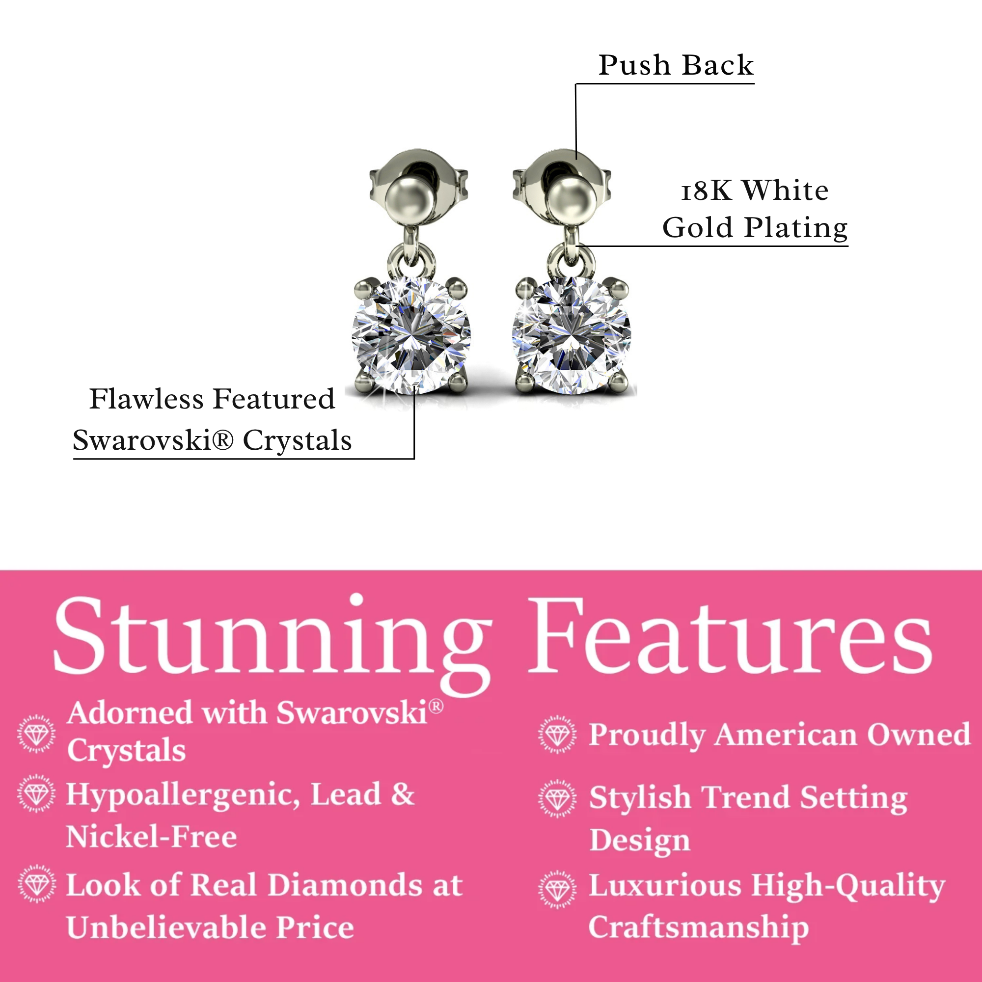 Jamie 18k White Gold Plated Drop Dangle Stud Earrings with Swarovski Crystals — Final Sale