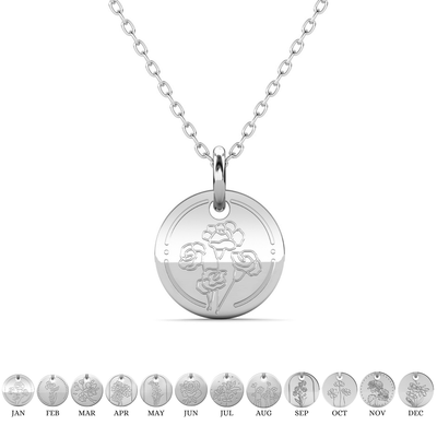 Floral 18k White Gold Plated Engraved Birth Month Flower Pendant Necklace - January - Carnation