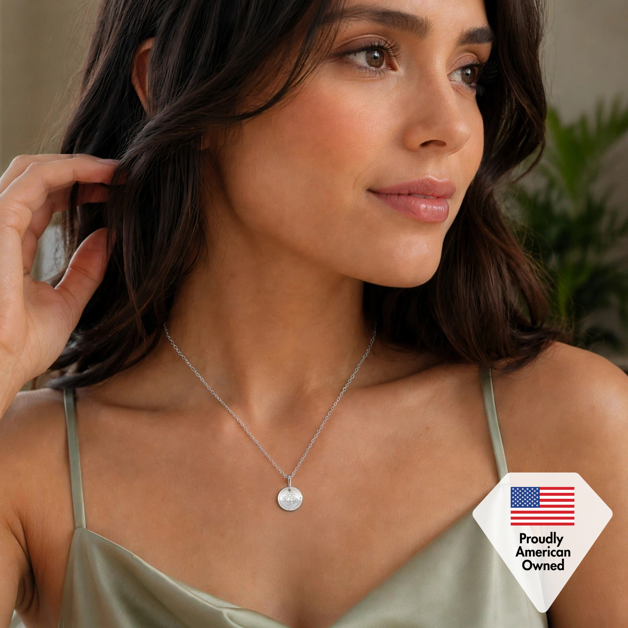 Floral 18k White Gold Plated Engraved Birth Month Flower Pendant Necklace