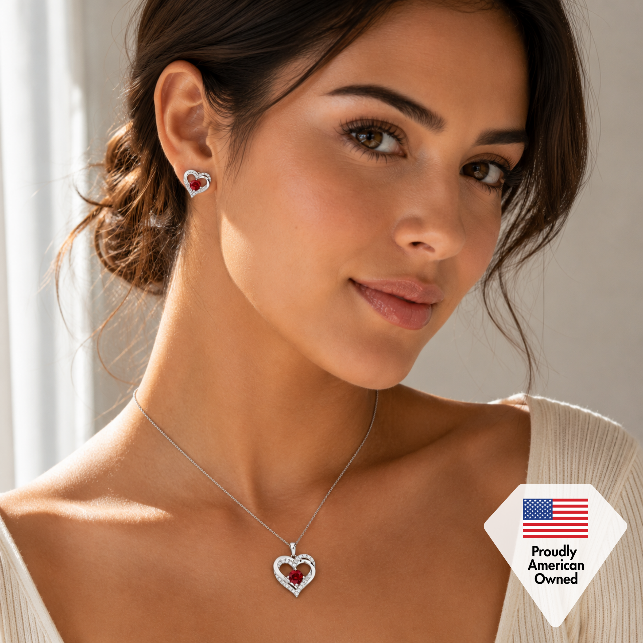 Forever Birthstone 18k White Gold Plated Silver Double Heart Earrings and Necklace Set with Swarovski Crystals