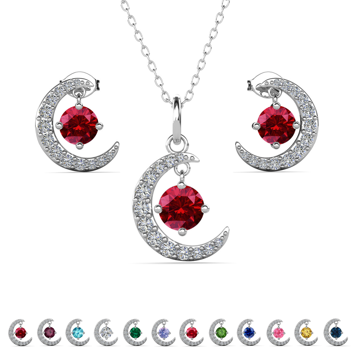 Luna Birthstone 18k White Gold Plated Silver Crescent Earrings and Necklace Set with Swarovski Crystals