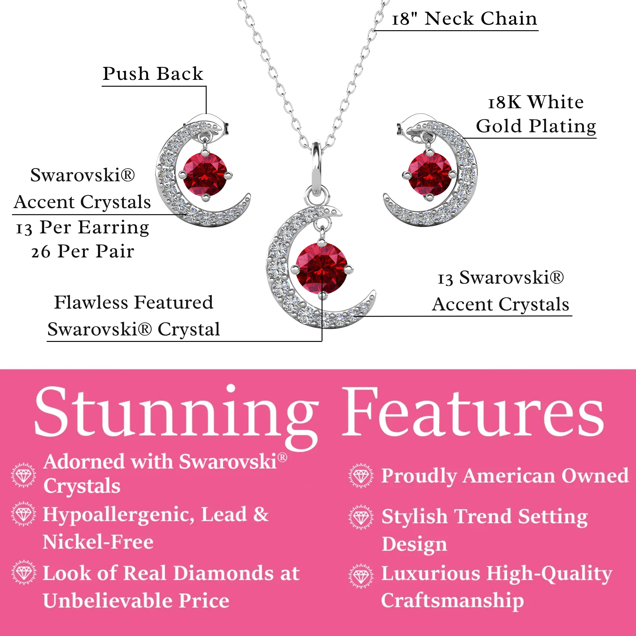 Luna Birthstone 18k White Gold Plated Silver Crescent Earrings and Necklace Set with Swarovski Crystals