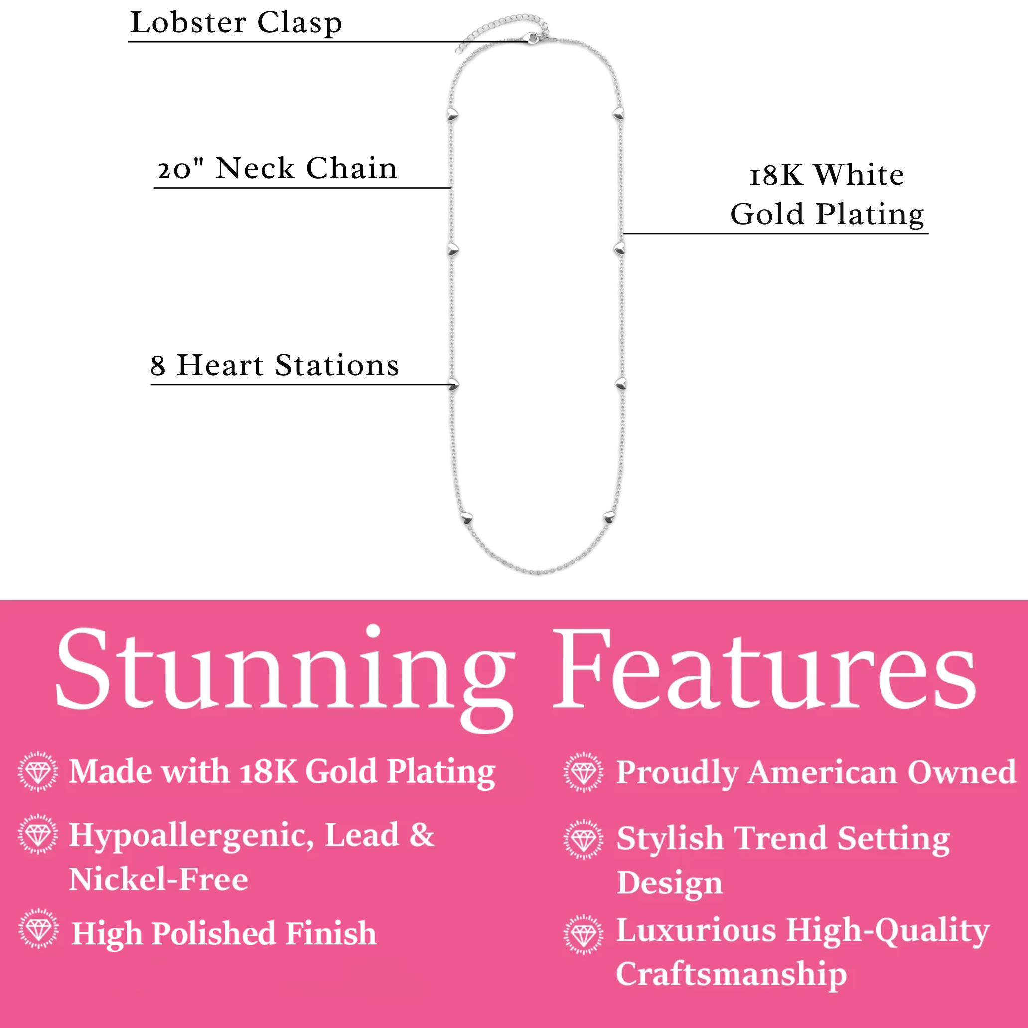 Jane 18k White Gold Plated Heart Station Necklace