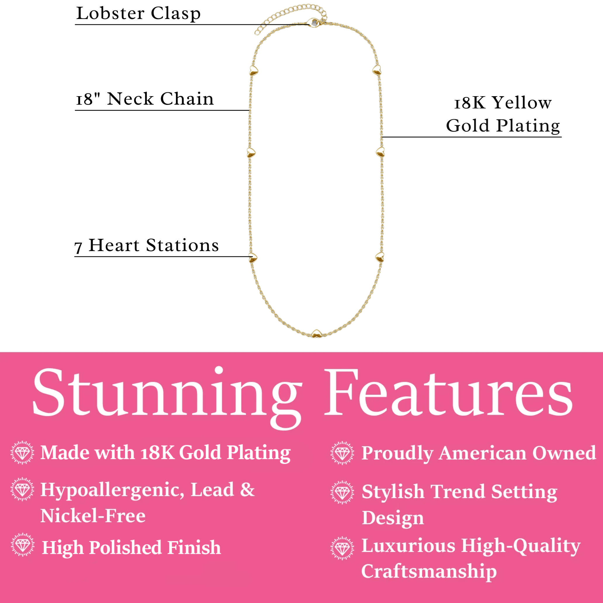 Jane 18k White Gold Plated Heart Station Necklace