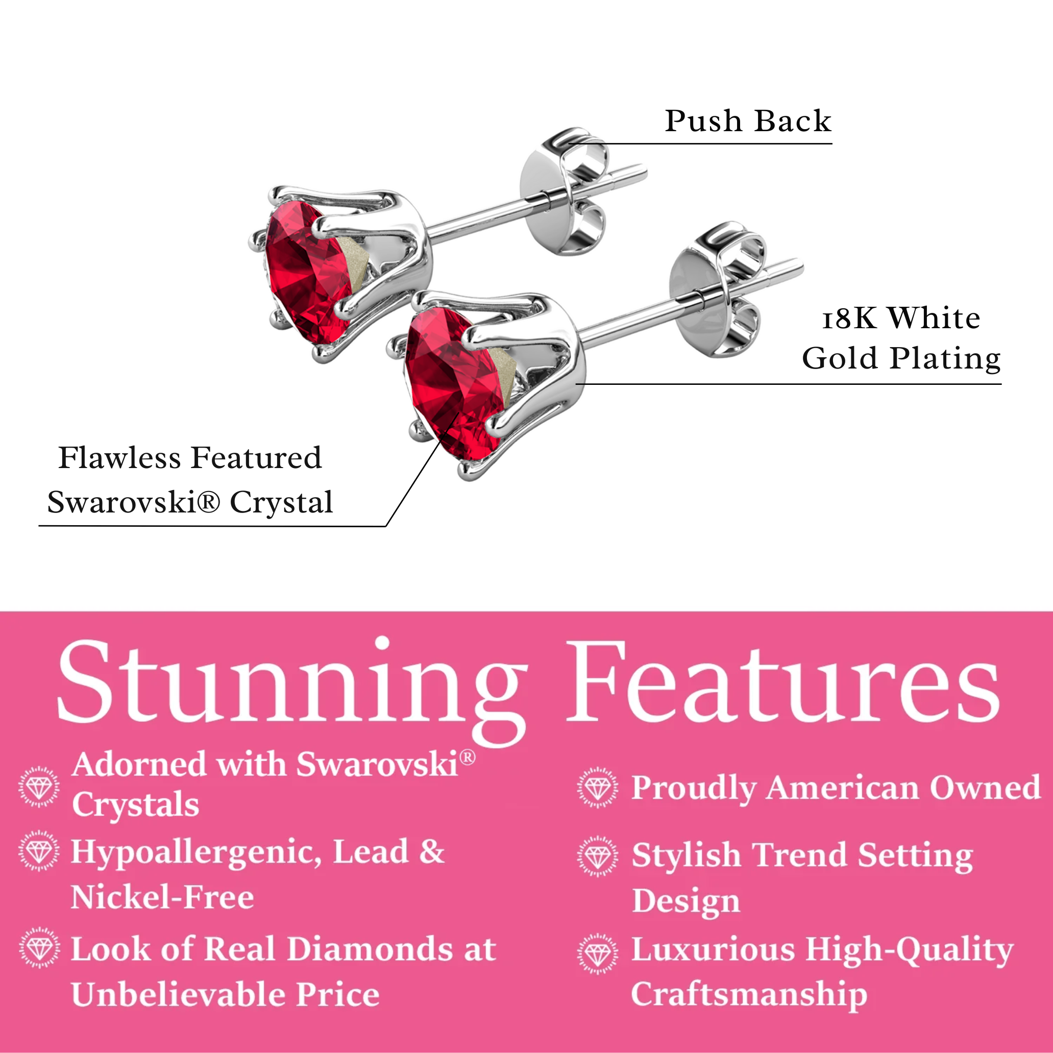 Birthstone Earrings 18k White Gold Plated Stud Earrings with 1ct Solitaire Swarovski Crystals