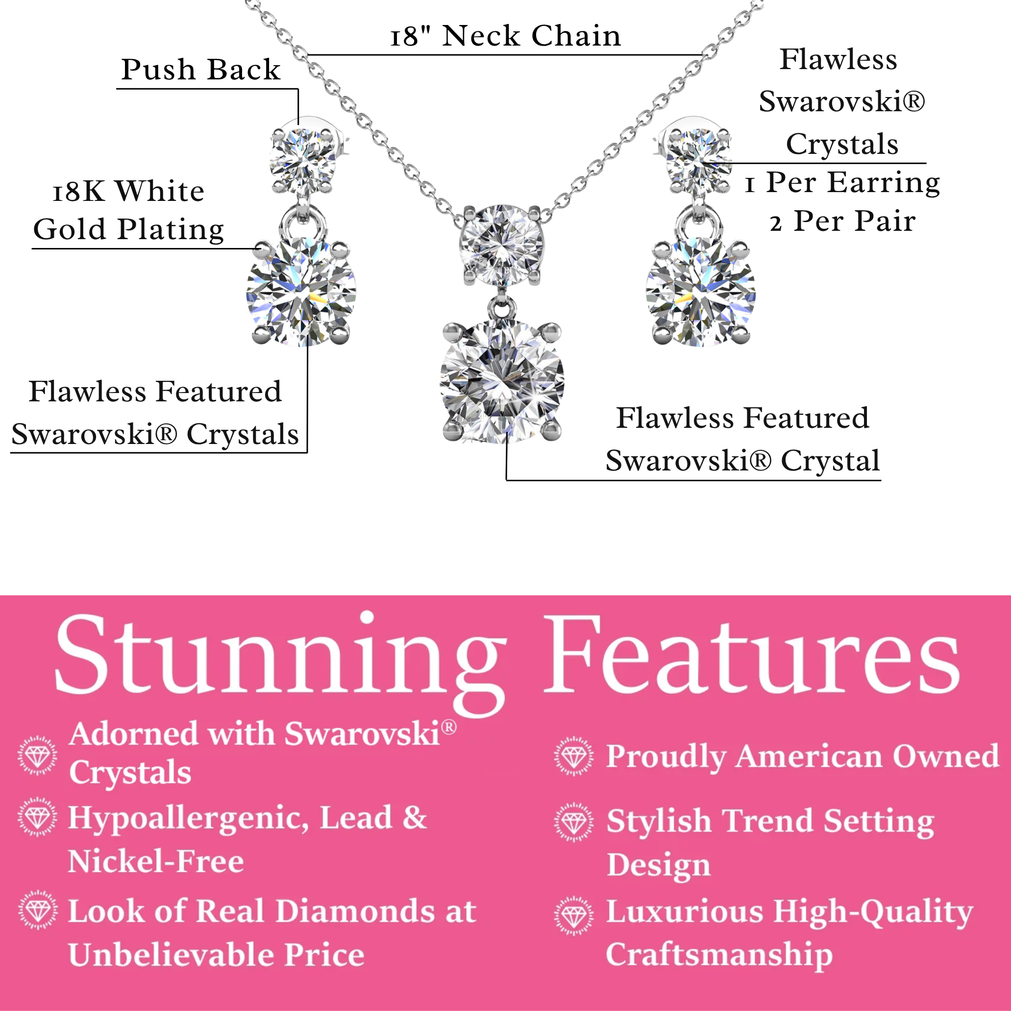 Jasmine 18k White Gold Plated Necklace and Earrings Jewelry Set with Swarovski Crystals