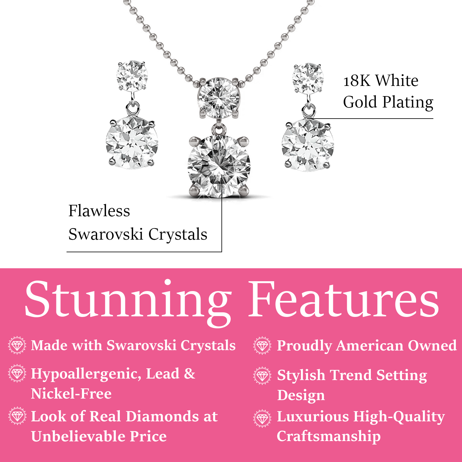 Jasmine 18k White Gold Plated Necklace and Earrings Jewelry Set with Swarovski Crystals