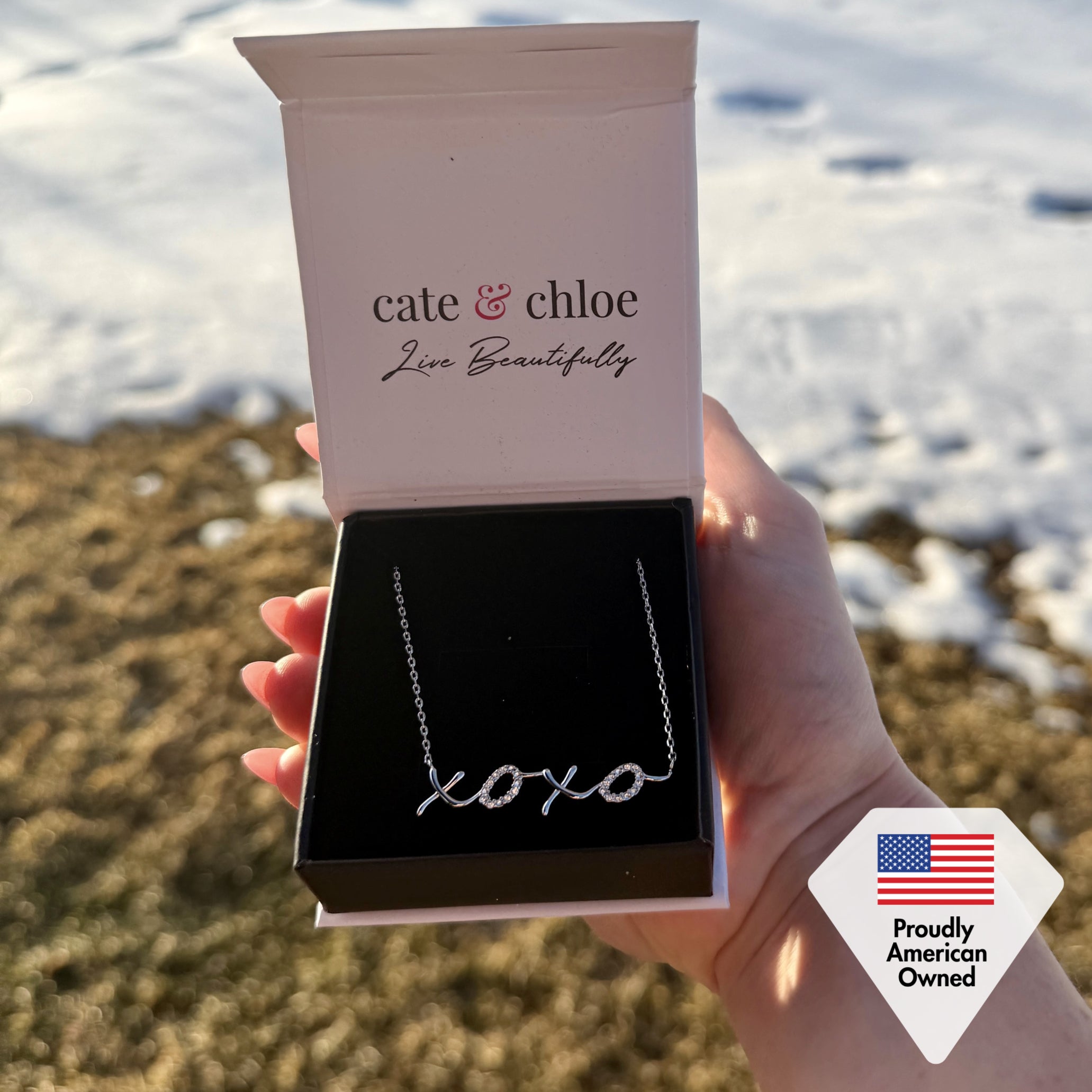 Jocelyn 18k White Gold Plated XOXO Pendant Necklace with Swarovski Crystals