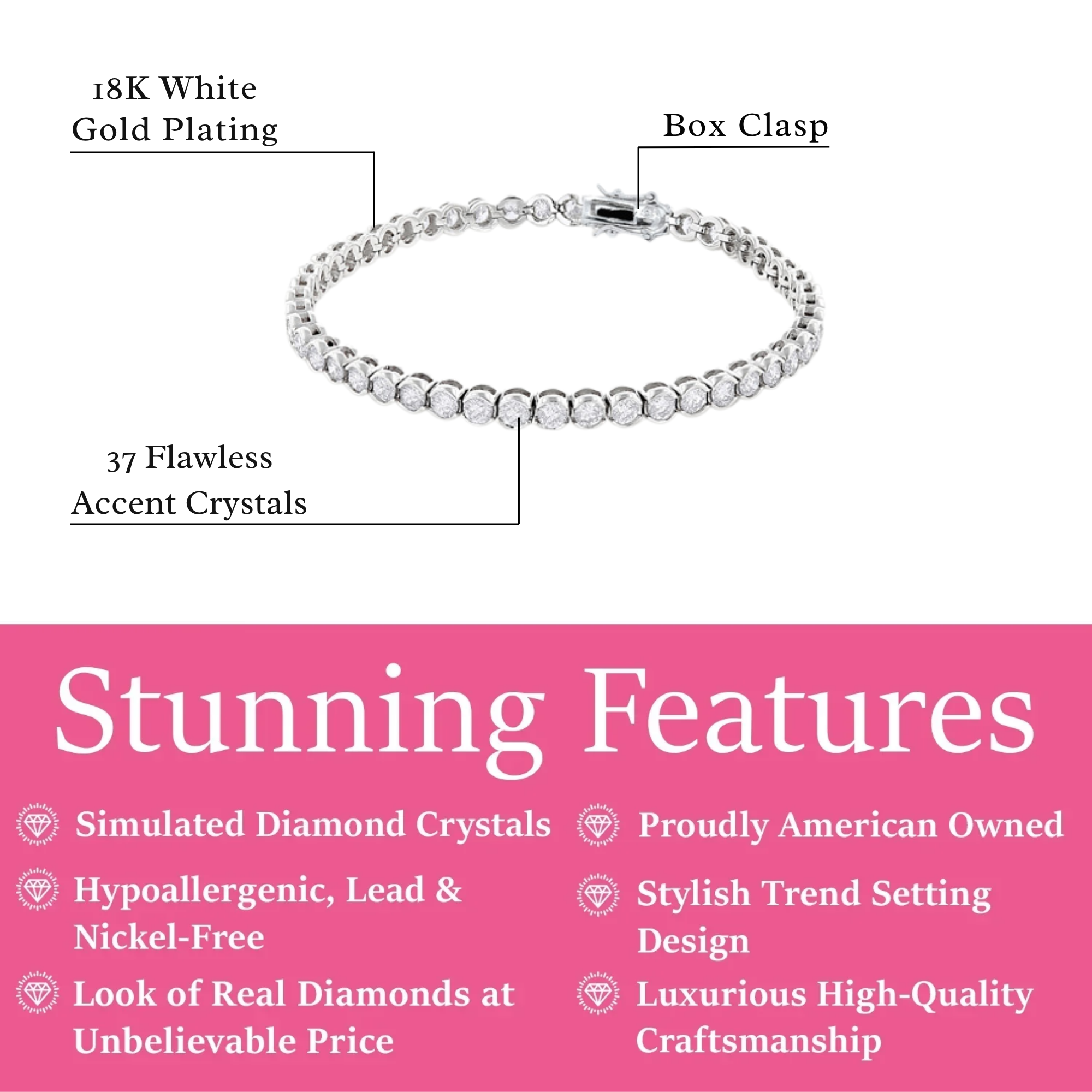 Joelle Pulsera De Tenis Chapada En Oro Blanco De 18 Quilates Con Cristales De Circonita Cúbica De Simulación