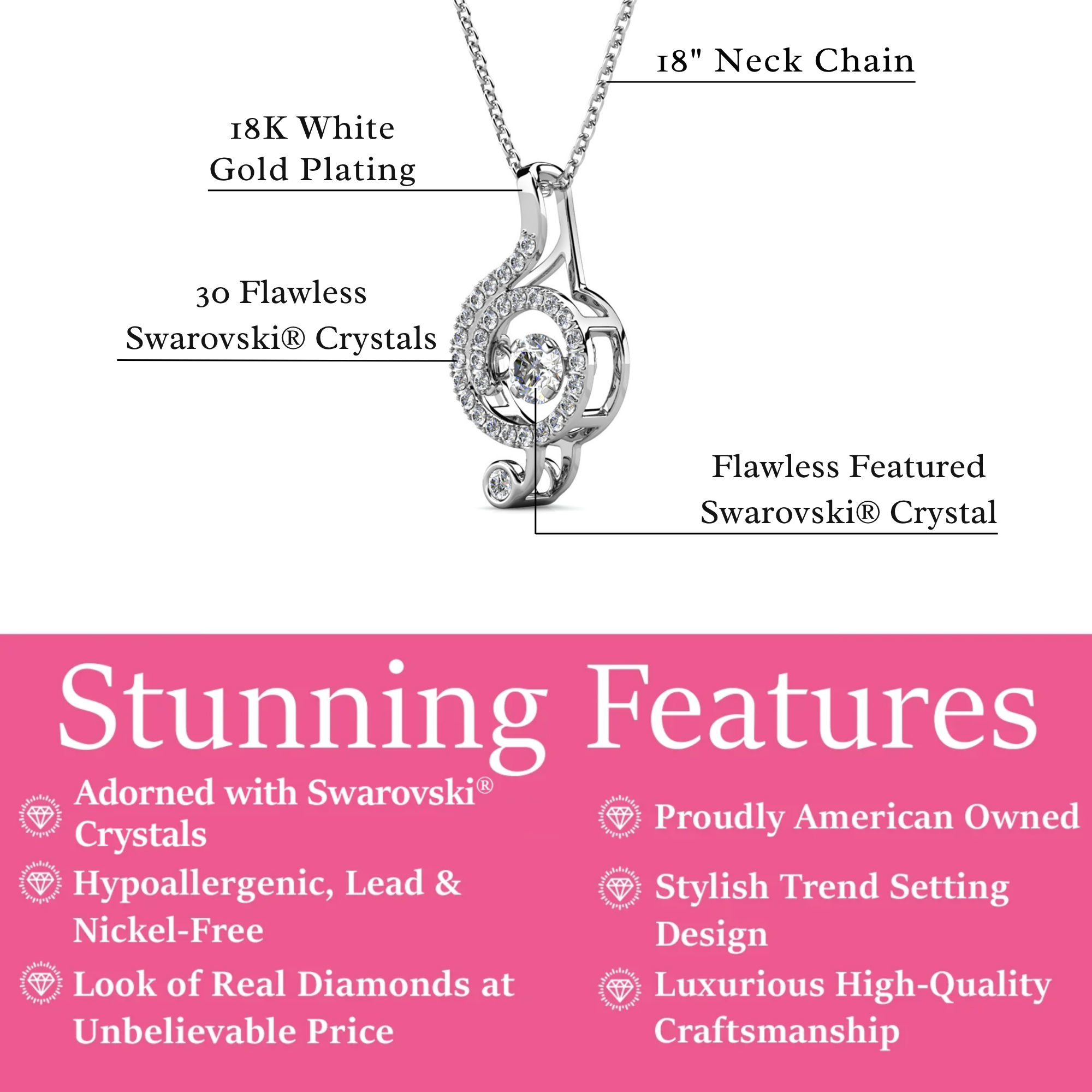 Jolene 18k White Gold Plated G-Clef Dancing Pendant Necklace with Swarovski Crystals