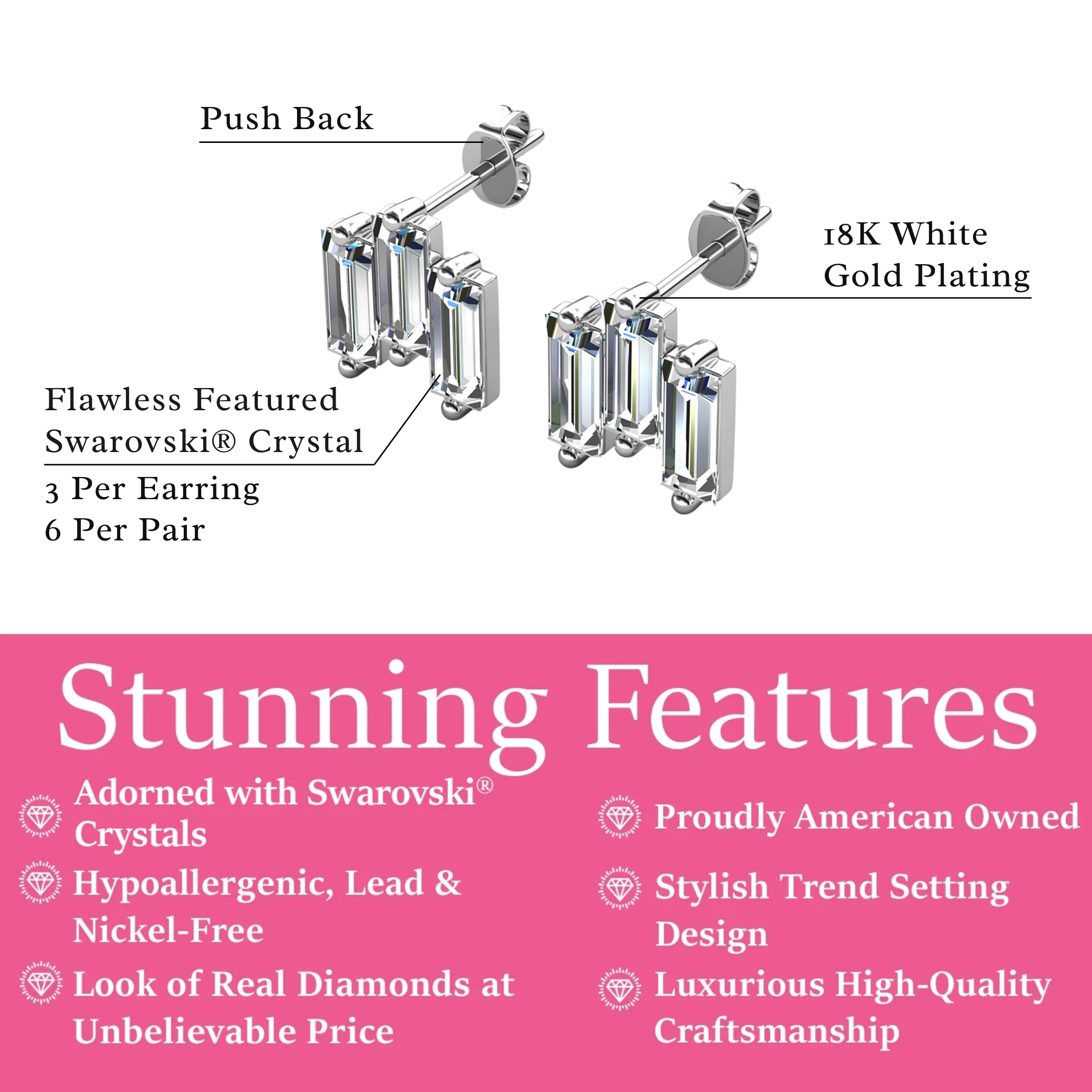 Jovie 18k White Gold Plated 3-Stone Emerald Cut Stud Earrings & To Bridesmaid Leaf Card
