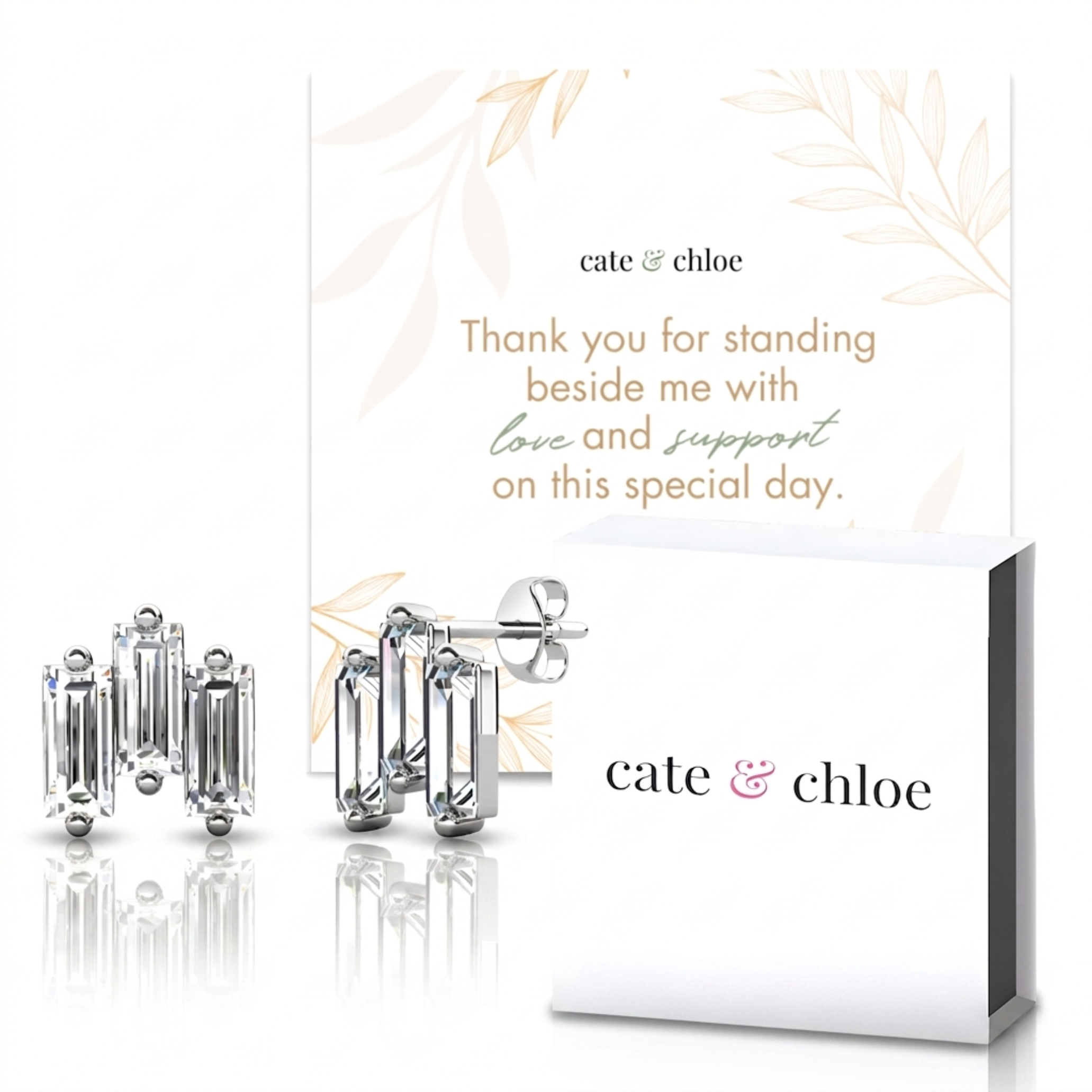 Jovie 18k White Gold Plated 3-Stone Emerald Cut Stud Earrings & To Bridesmaid Leaf Card