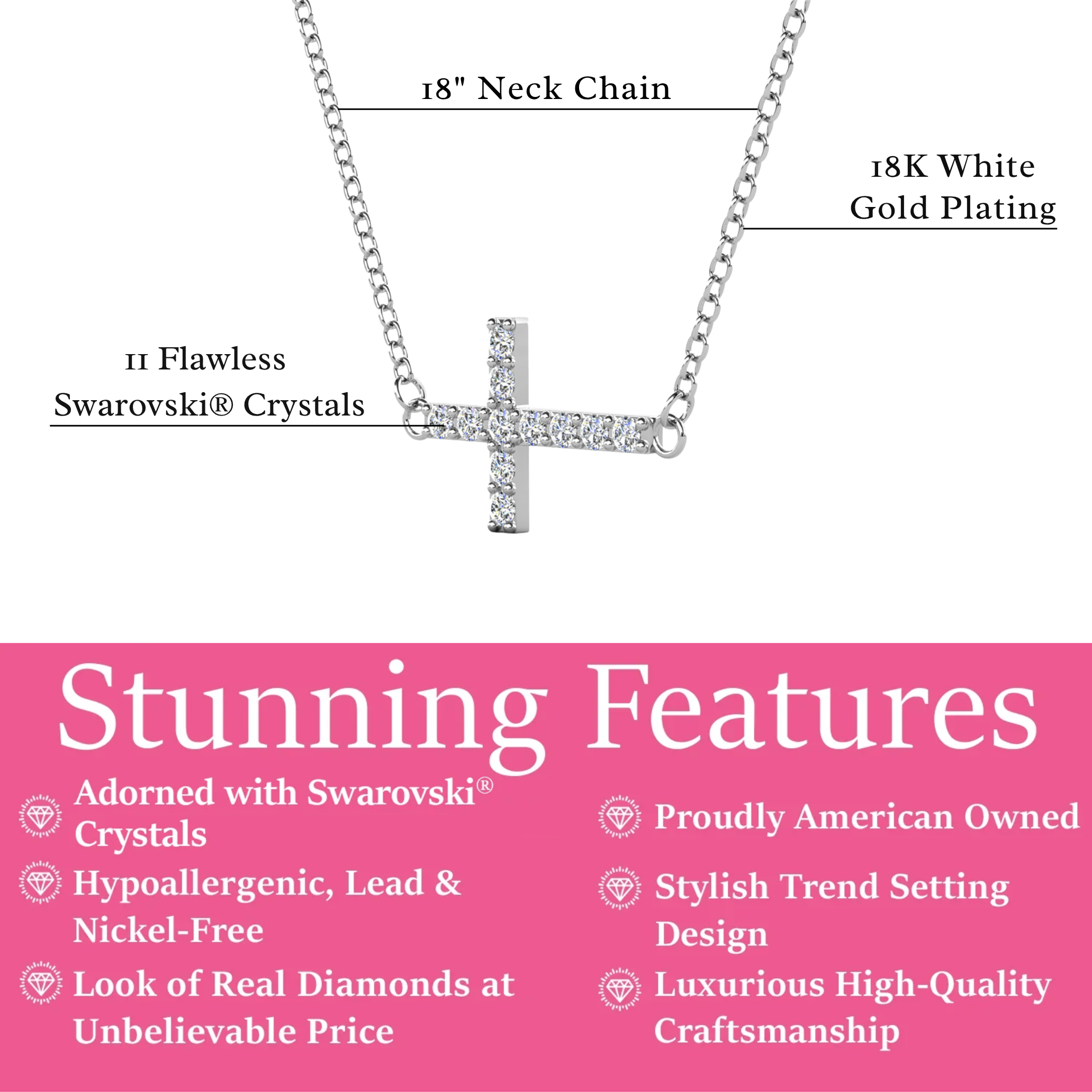 Joy 18k White Gold Plated Cross Pendant Necklace with Swarovski Crystals