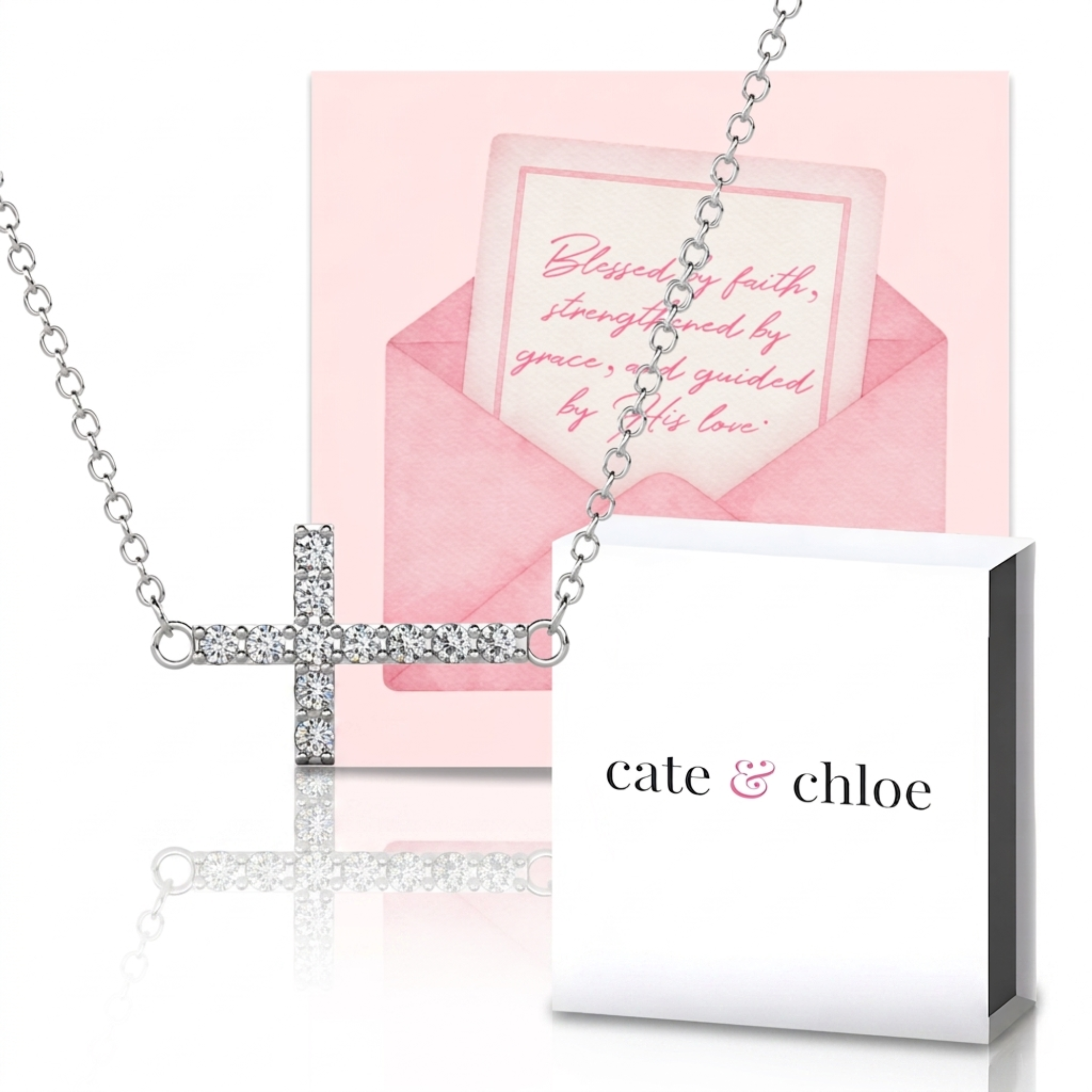 Joy 18k White Gold Plated Cross Necklace & Blessed by Faith Pink Envelope Card