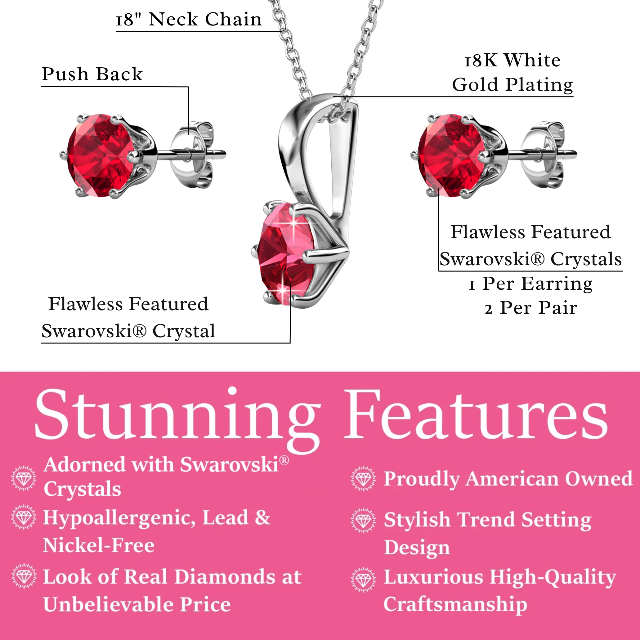 Birthstone 18k White Gold Plated Stud Earrings and Necklace Set with 1ct Swarovski Crystals