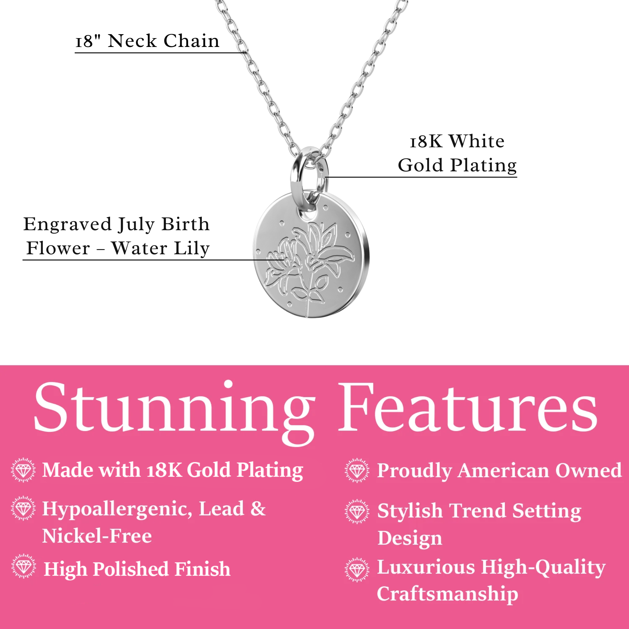 Floral 18k White Gold Plated Engraved Birth Month Flower Pendant Necklace