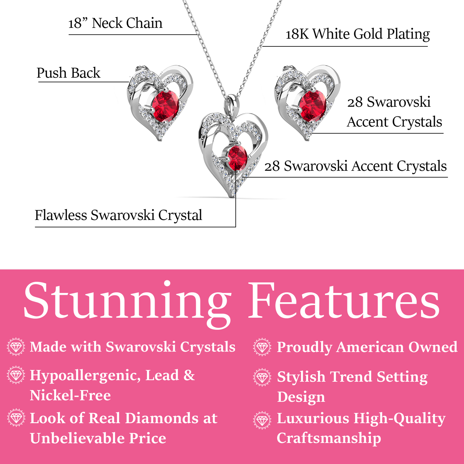 Forever Birthstone 18k White Gold Plated Silver Double Heart Earrings and Necklace Set with Swarovski Crystals