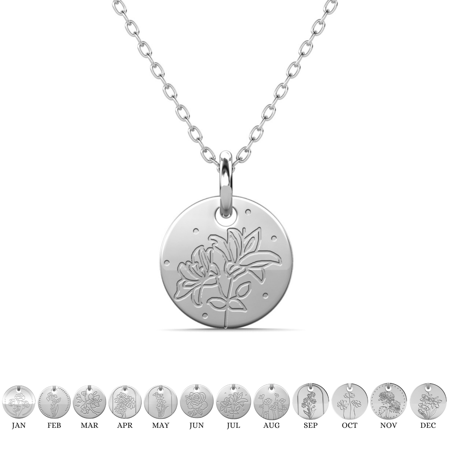 Floral 18k White Gold Plated Engraved Birth Month Flower Pendant Necklace