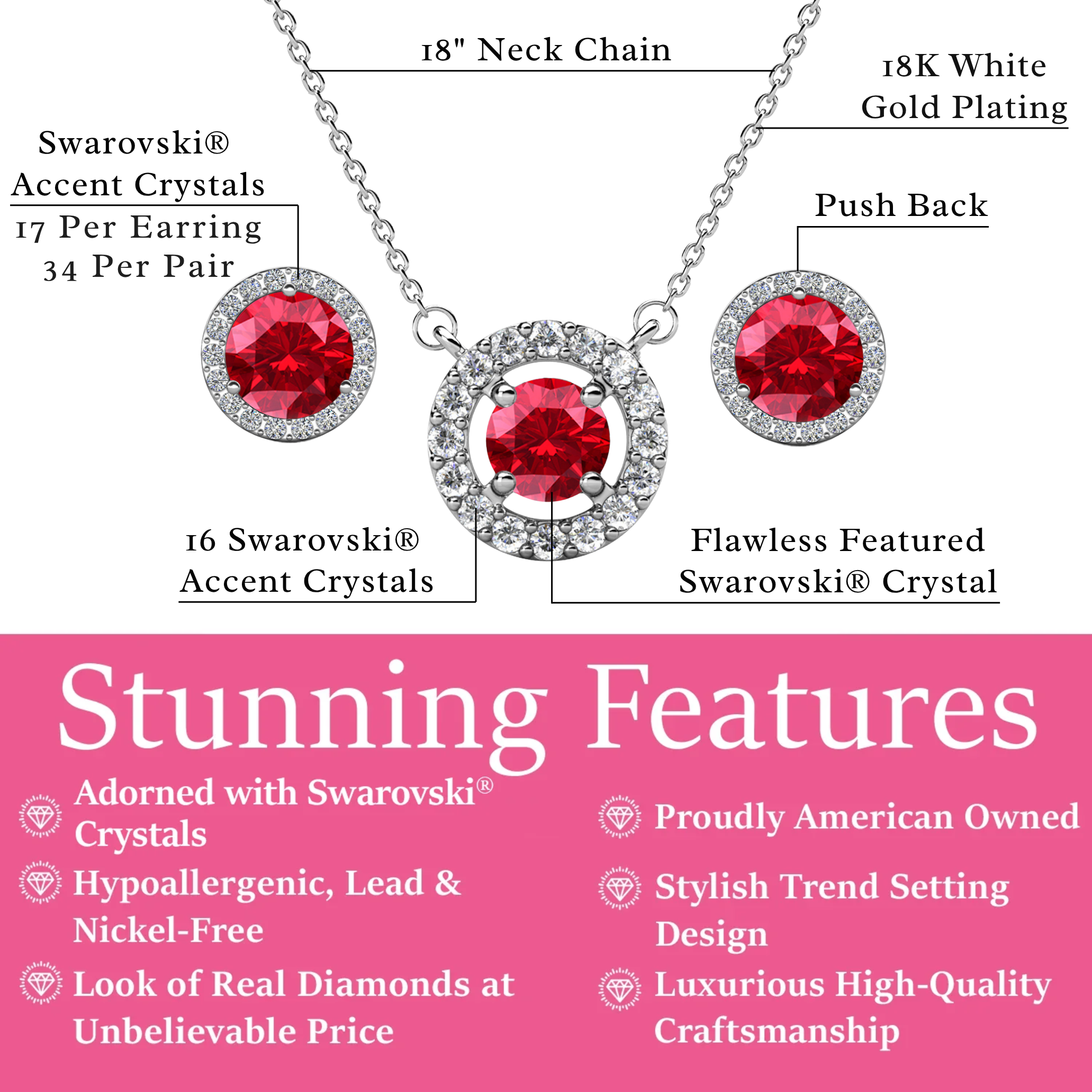 Royal Birthstone 18k White Gold Plated Halo Stud Earrings and Necklace Set with Swarovski Crystals